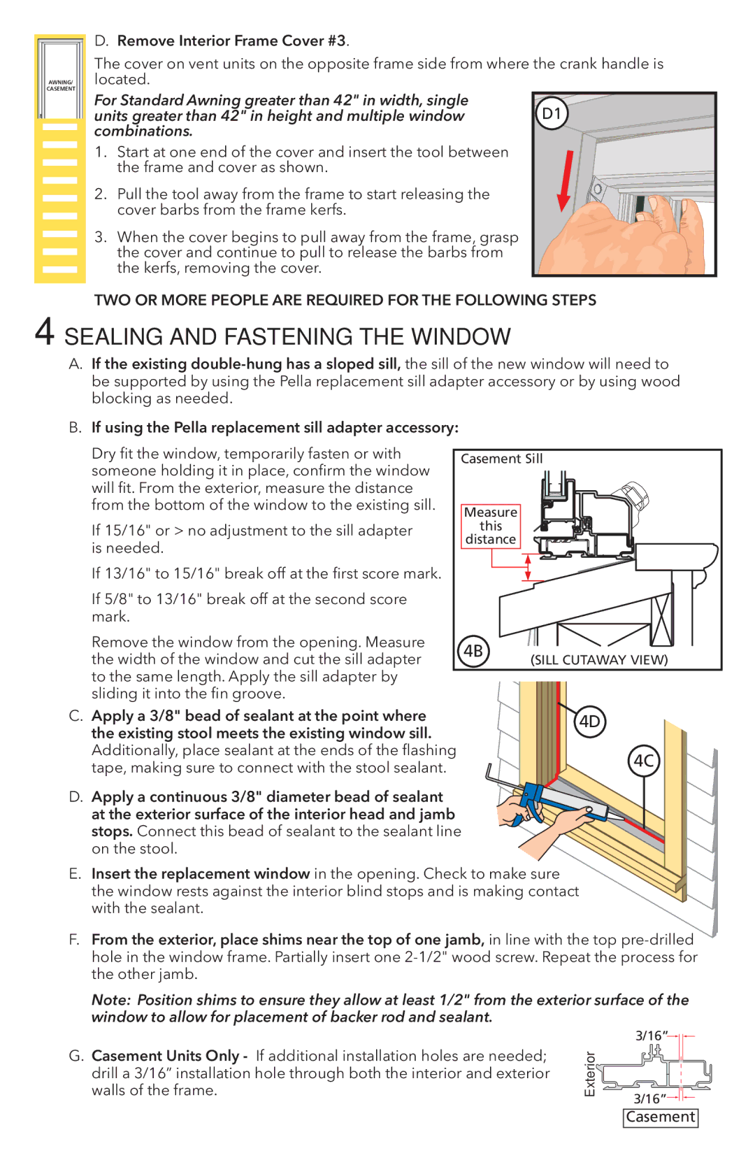 Pella 80YW0102 warranty Sealing and Fastening the Window, TWO or More People are Required for the Following Steps, Casement 