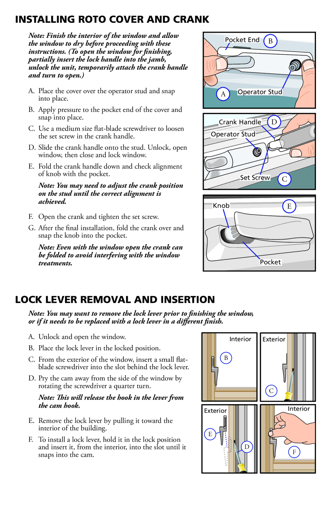 Pella 812W0100 installation instructions Installing Roto Cover and Crank, Lock Lever Removal and Insertion 