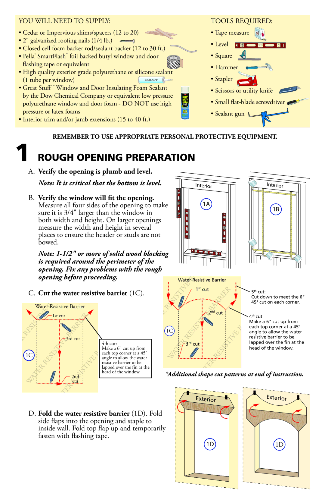 Pella 812W0100 installation instructions Rough Opening Preparation, Verify the window will fit the opening, Bowed 