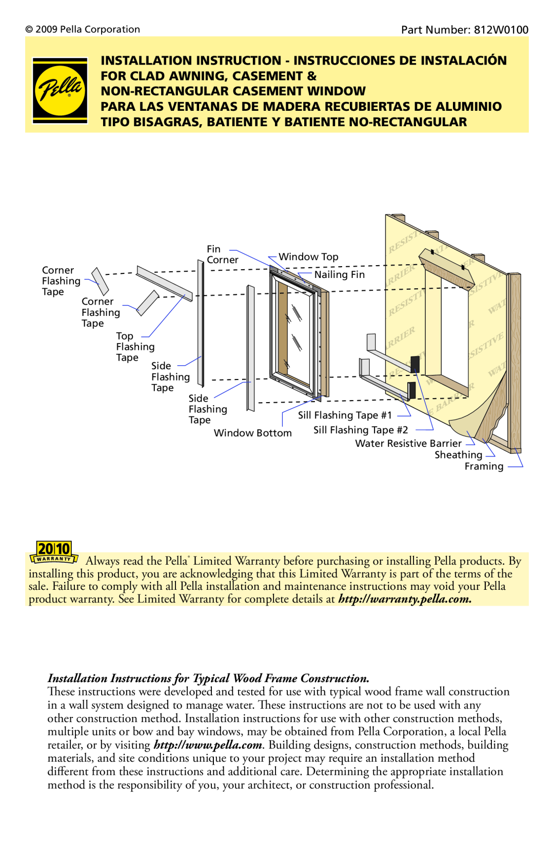 Pella 812W0100 installation instructions Installation Instructions for Typical Wood Frame Construction 