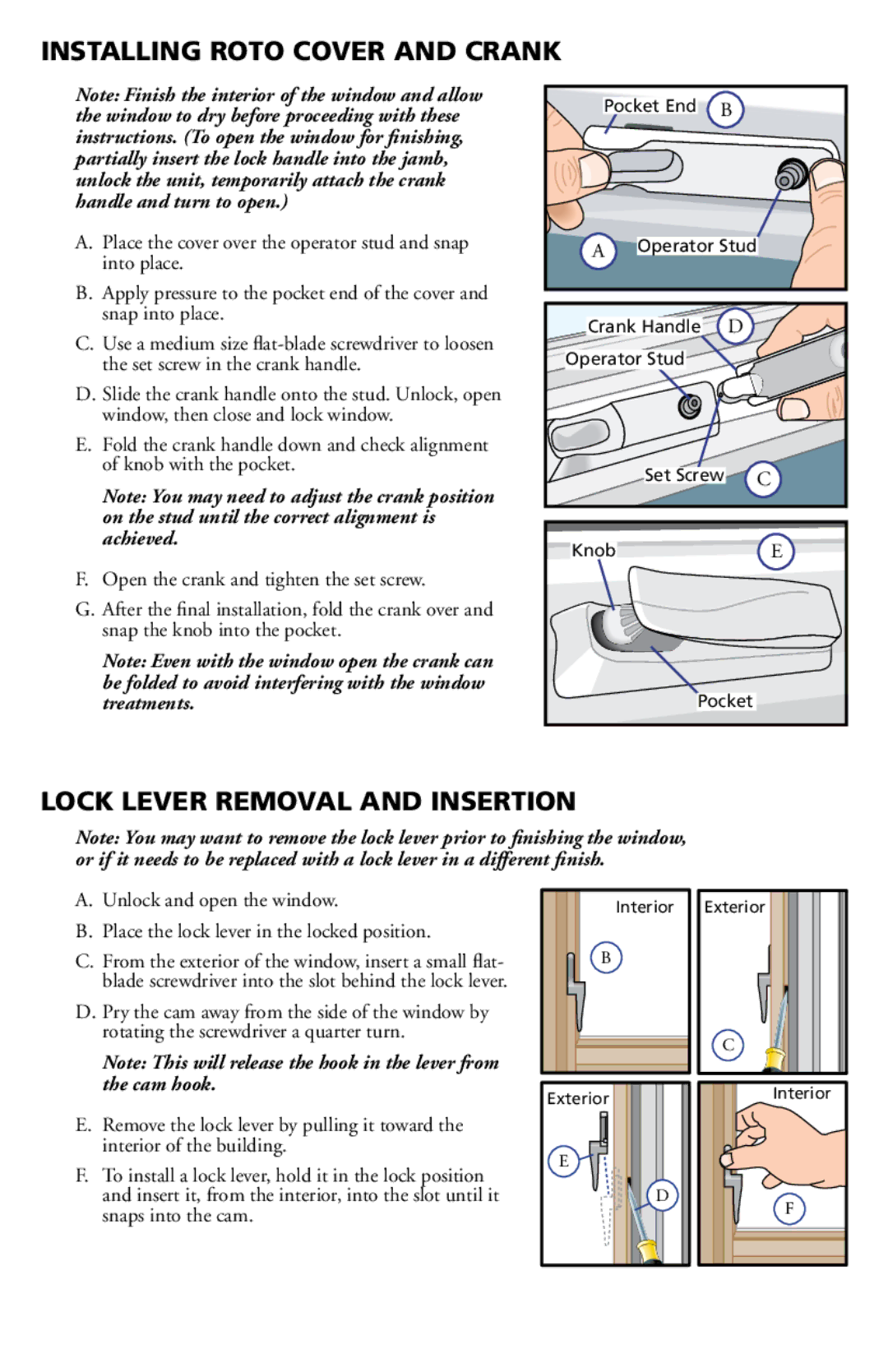 Pella 812WO100 installation instructions Installing Roto Cover and Crank, Lock Lever Removal and Insertion 