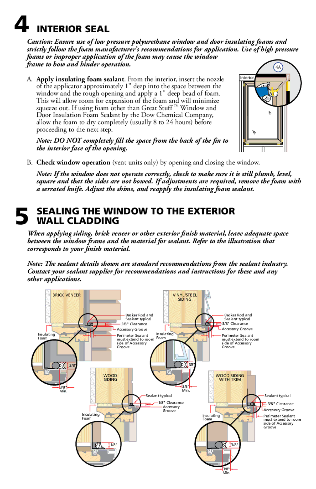 Pella 812WO100 installation instructions Interior Seal, Sealing the Window to the Exterior Wall Cladding 