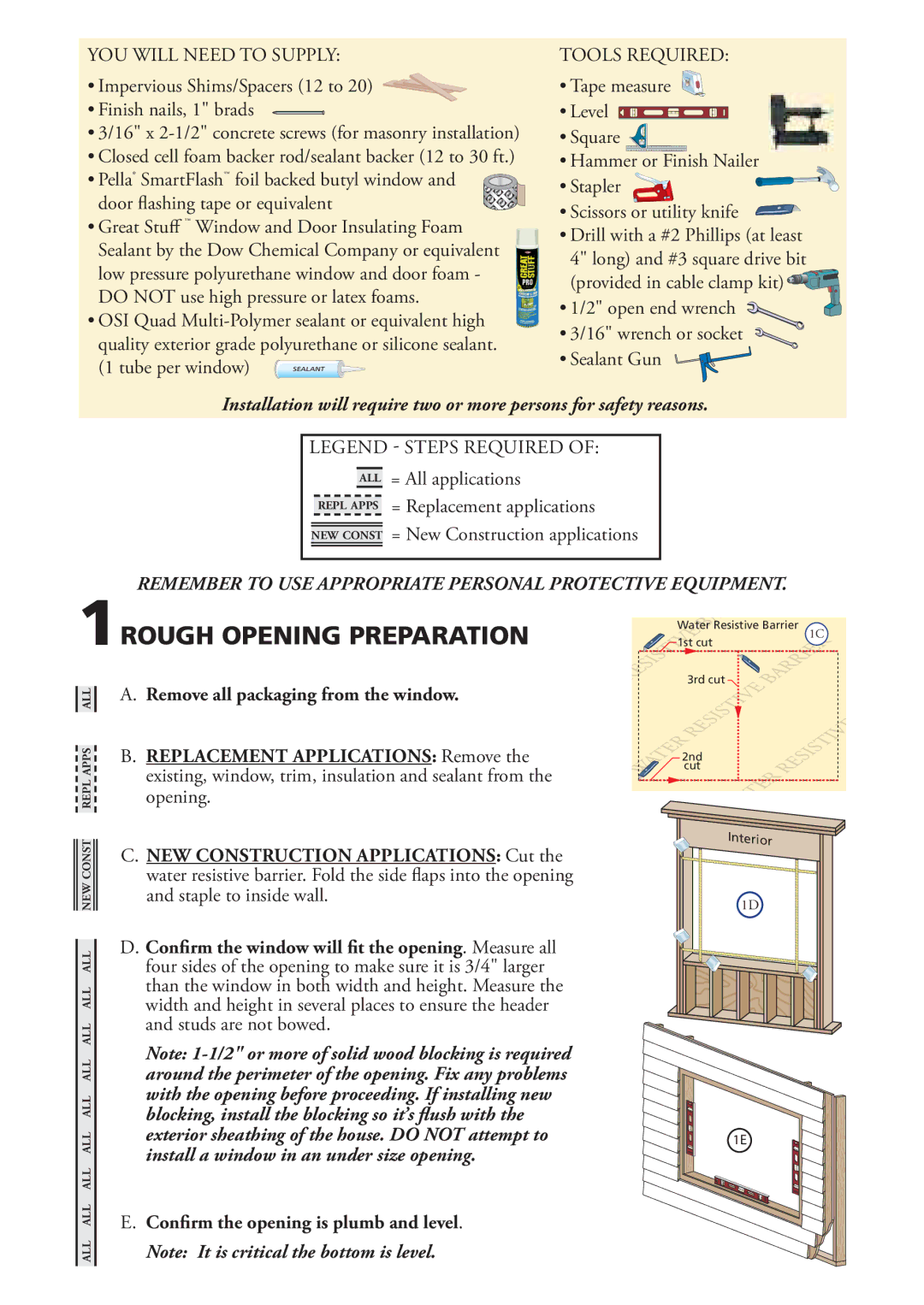 Pella 81470102 1ROUGH Opening Preparation, Remember to USE Appropriate Personal Protective Equipment 