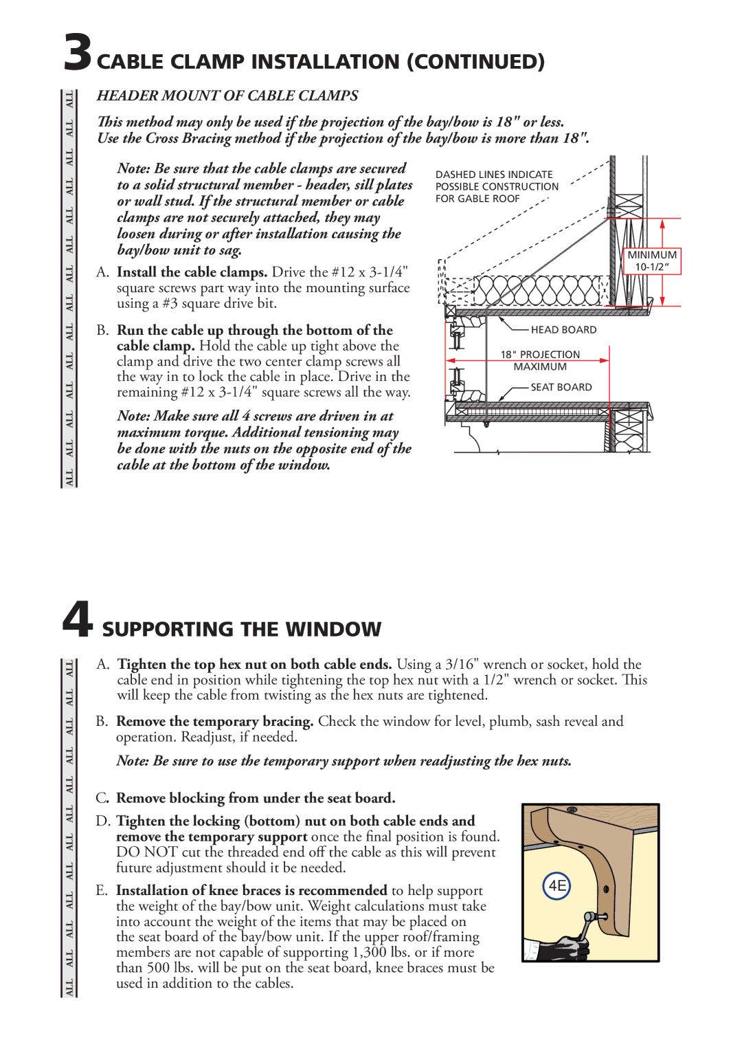 Pella 81470102 Supporting the Window, Header Mount of Cable Clamps, Remove blocking from under the seat board 