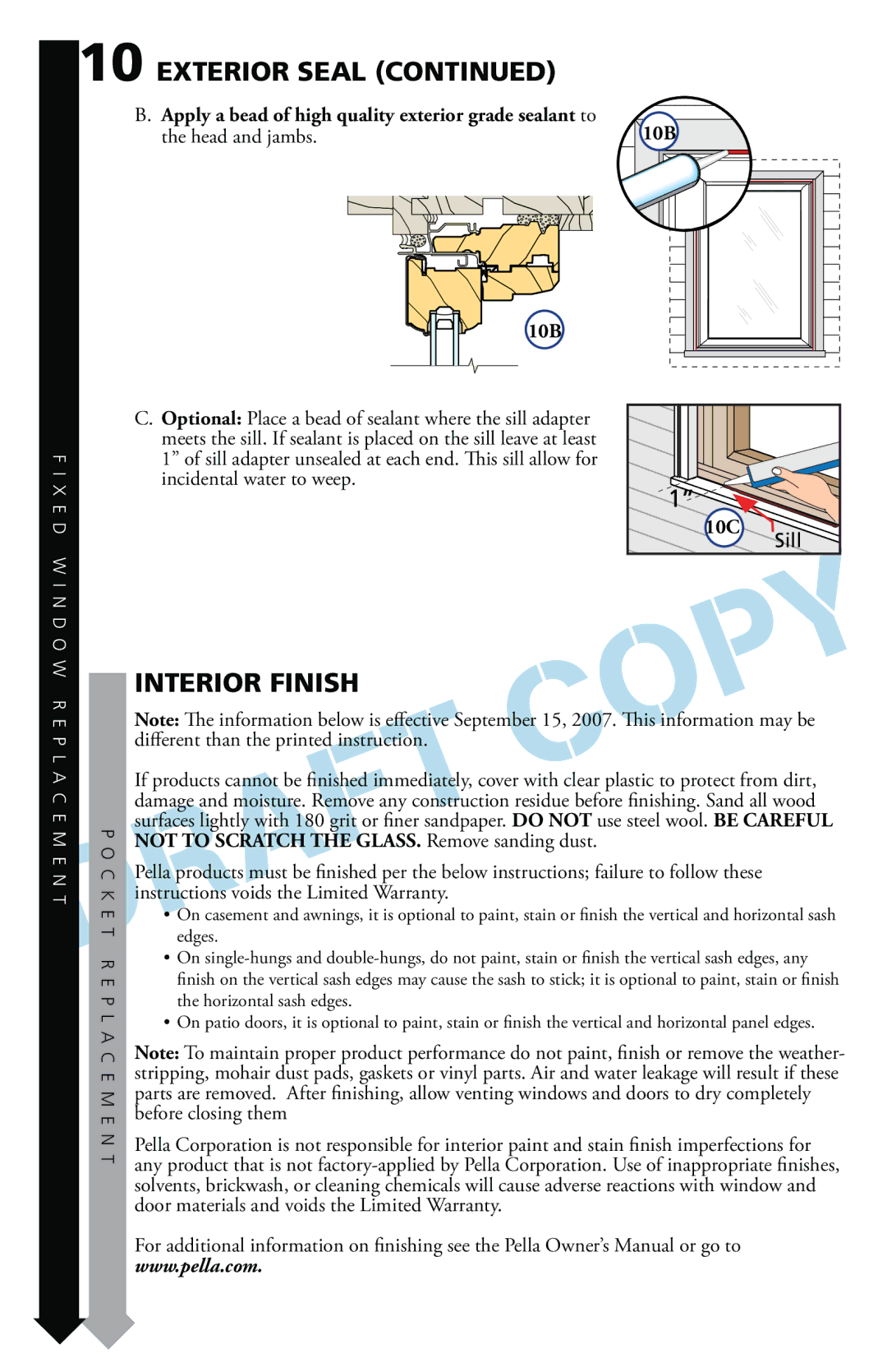 Pella 816G0101 warranty Interior Finish, Apply a bead of high quality exterior grade sealant to, 10B5A, 10C 5B 