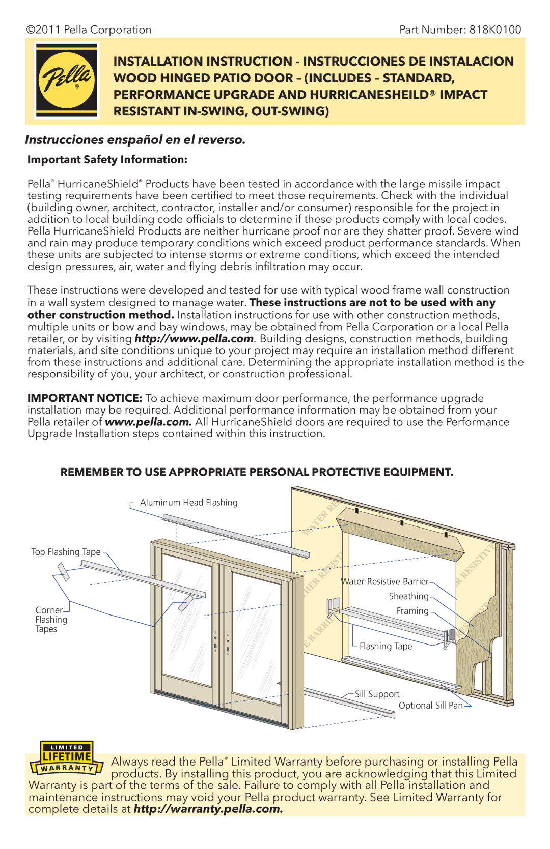 Pella 818K0100 installation instructions Important Safety Information 