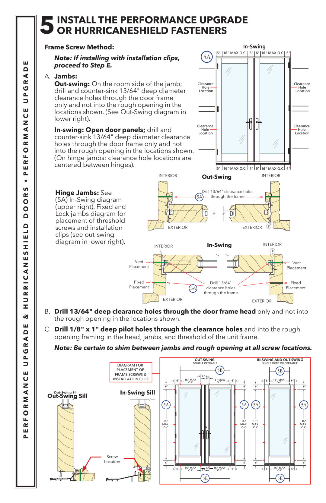 Pella 818K0100 Frame Screw Method, In-swing Open door panels drill, Hinge Jambs See, R F O R M a N C E U P 