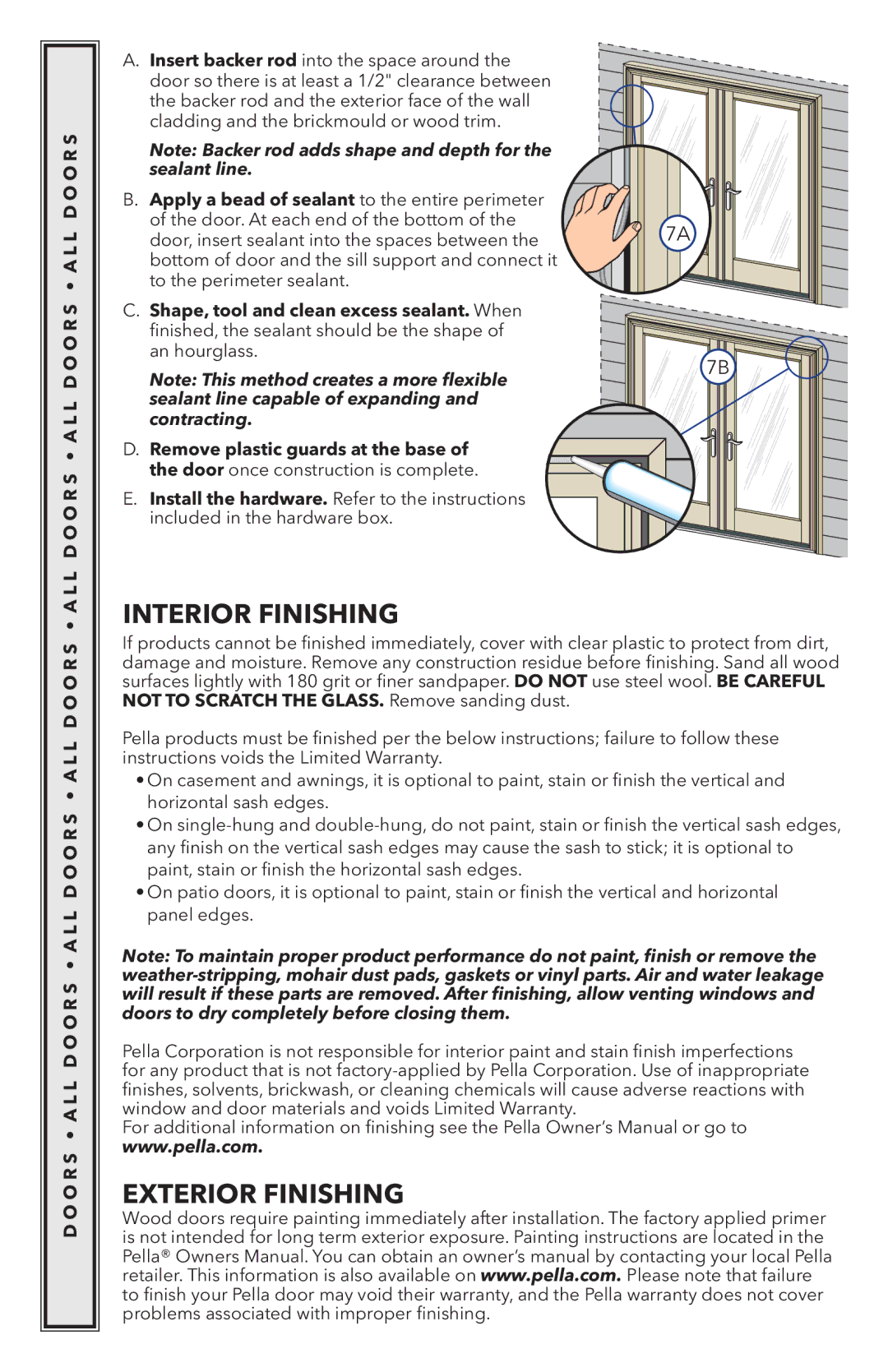 Pella 818K0100 installation instructions Interior Finishing, Exterior Finishing, S a L L D O O R S 