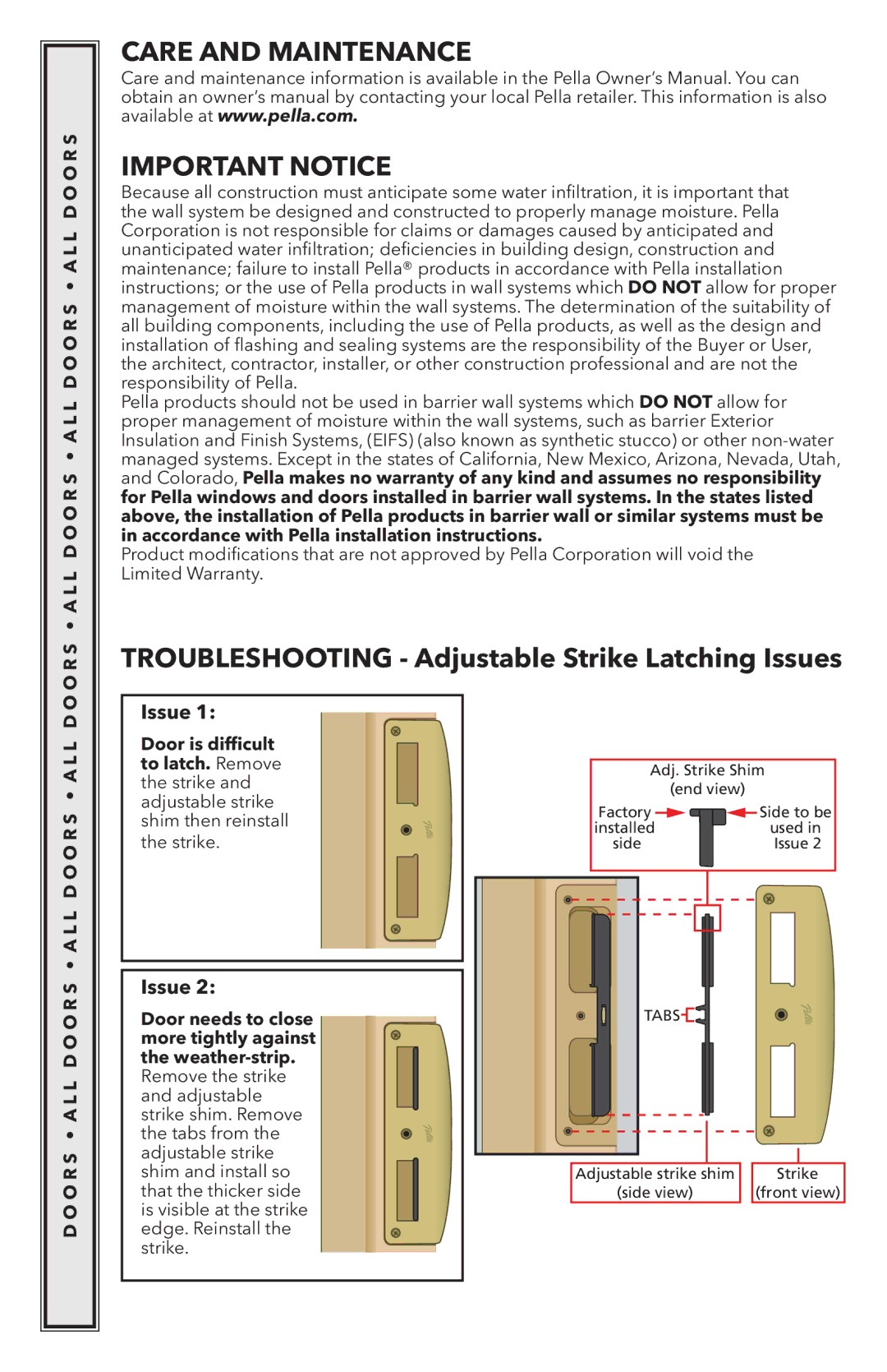 Pella 818K0100 Care and Maintenance Important Notice, Troubleshooting Adjustable Strike Latching Issues 