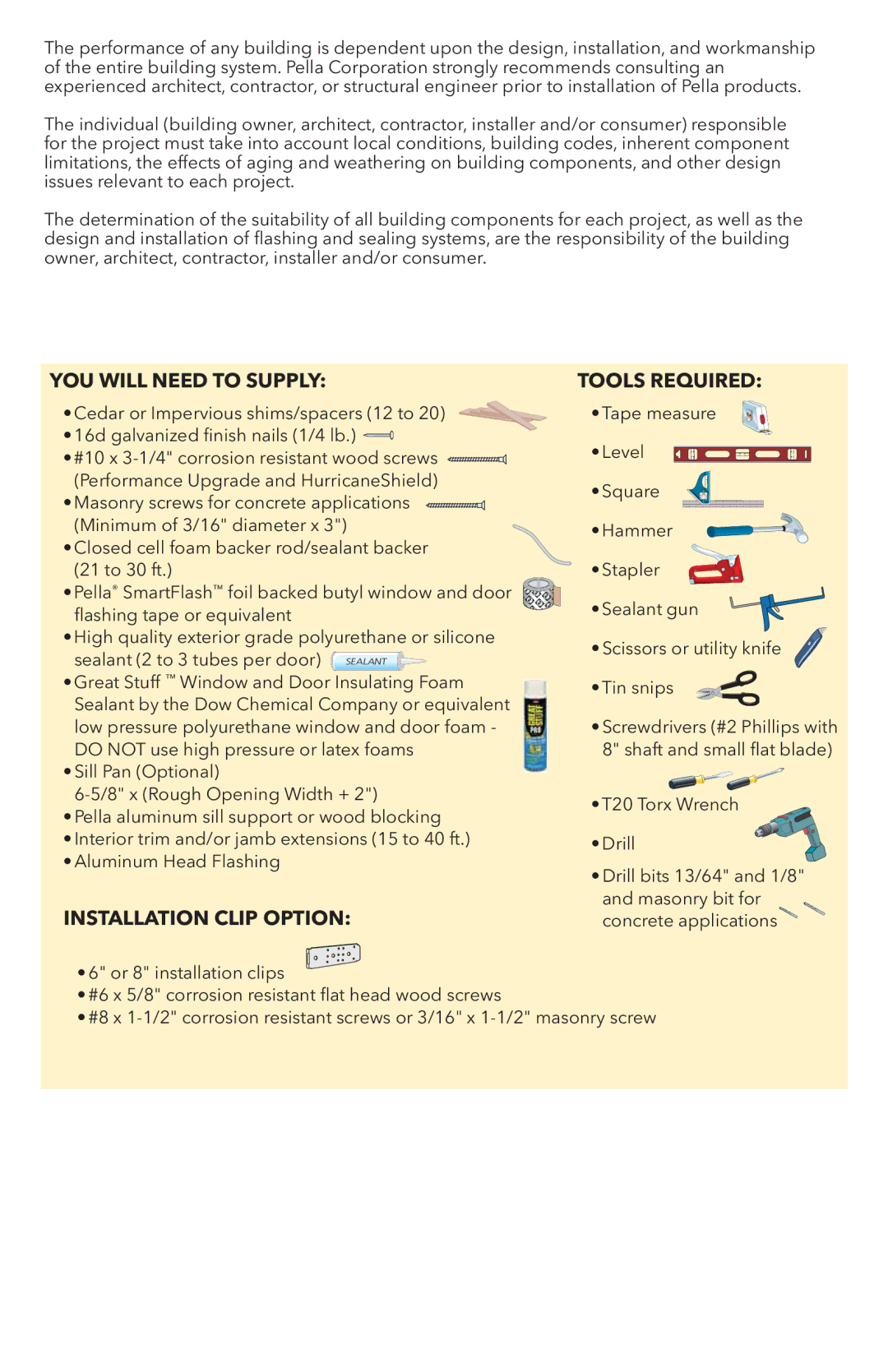 Pella 818K0100 installation instructions YOU will Need to Supply Tools Required 