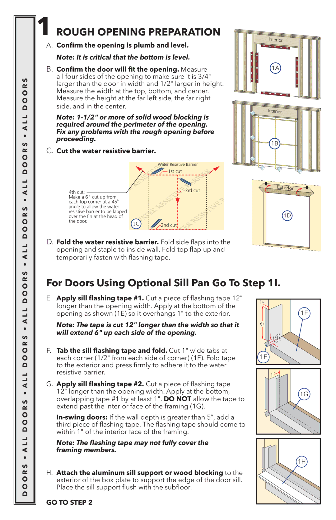 Pella 818K0100 Rough Opening Preparation, For Doors Using Optional Sill Pan Go To Step, GO to Step 