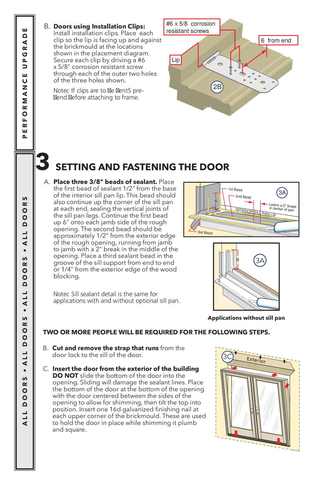 Pella 818K0100 Setting and Fastening the Door, R F O R M a N C E U P G R a D E, O R S a L L D O O R S a L L D O O R S 