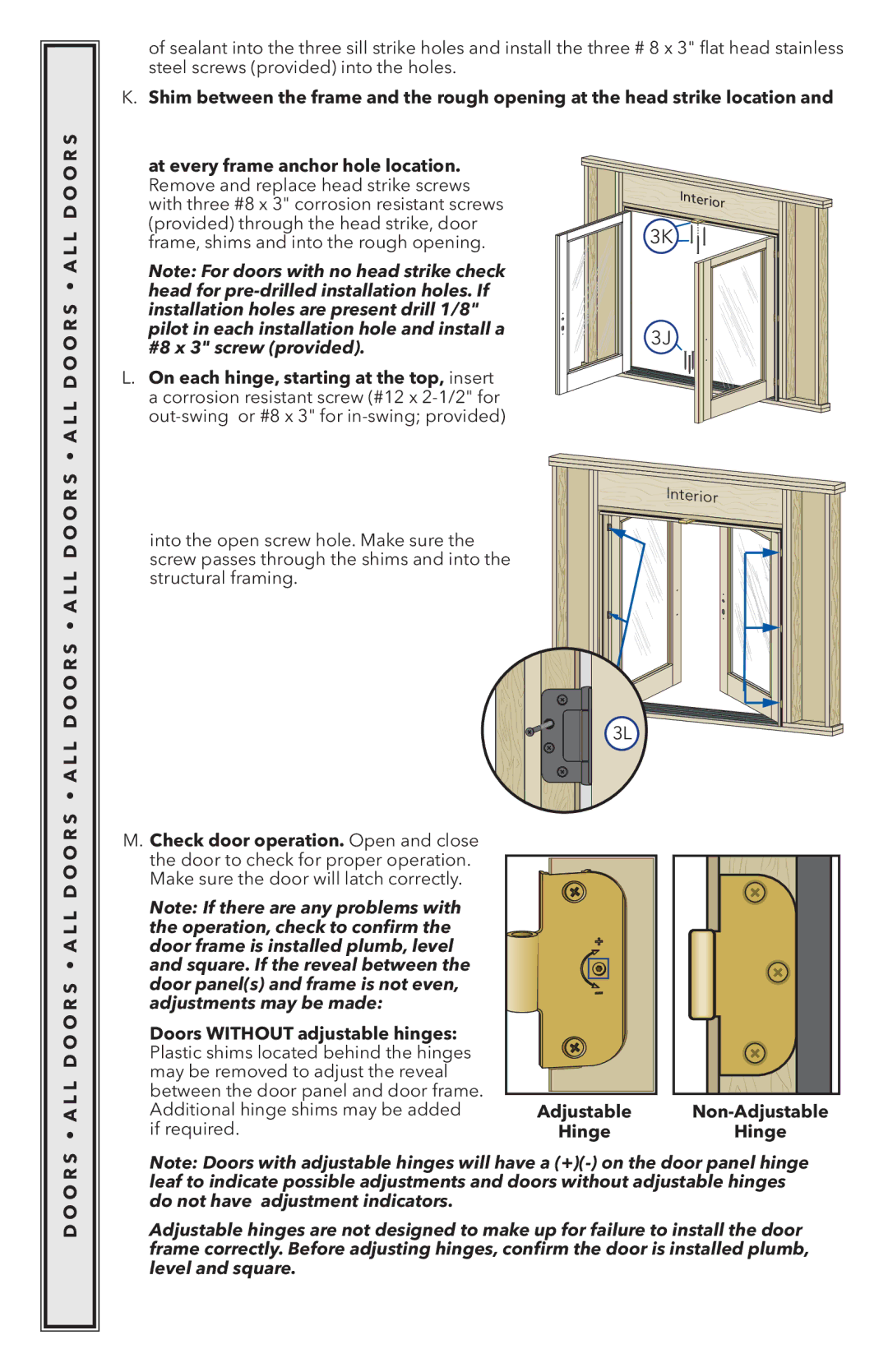 Pella 818K0100 installation instructions Doors Without adjustable hinges, Non-Adjustable Hinge 