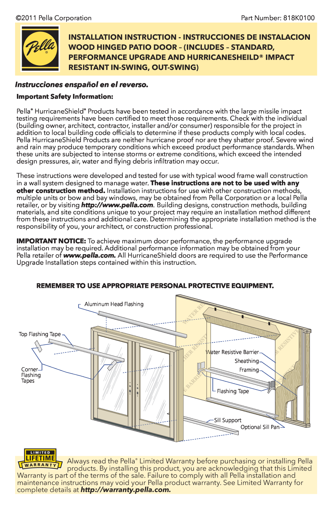 Pella 818K0100 installation instructions Instrucciones enspañol en el reverso, Important Safety Information 