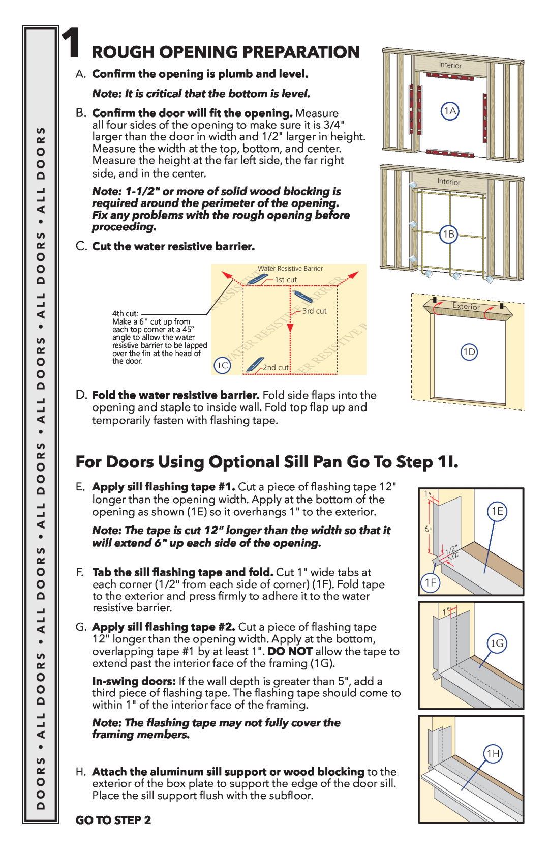 Pella 818K0100 installation instructions Rough Opening Preparation, For Doors Using Optional Sill Pan Go To Step 
