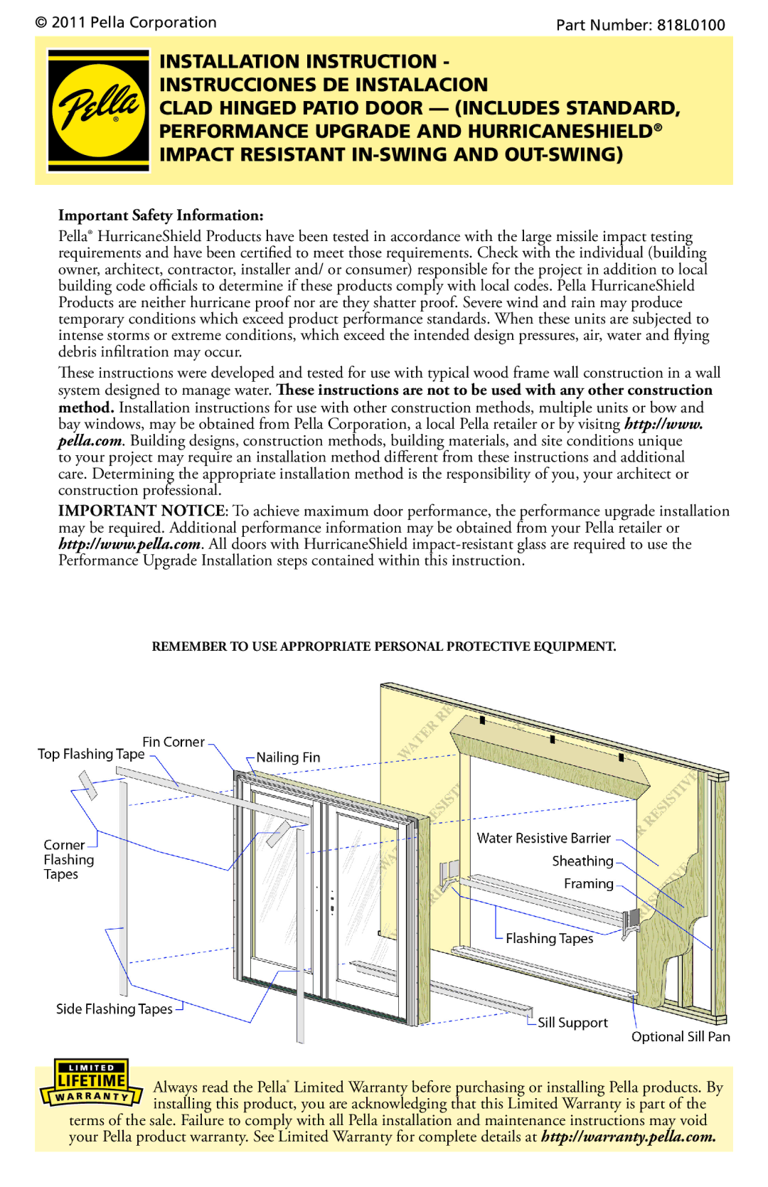 Pella 818L0100 installation instructions Important Safety Information 