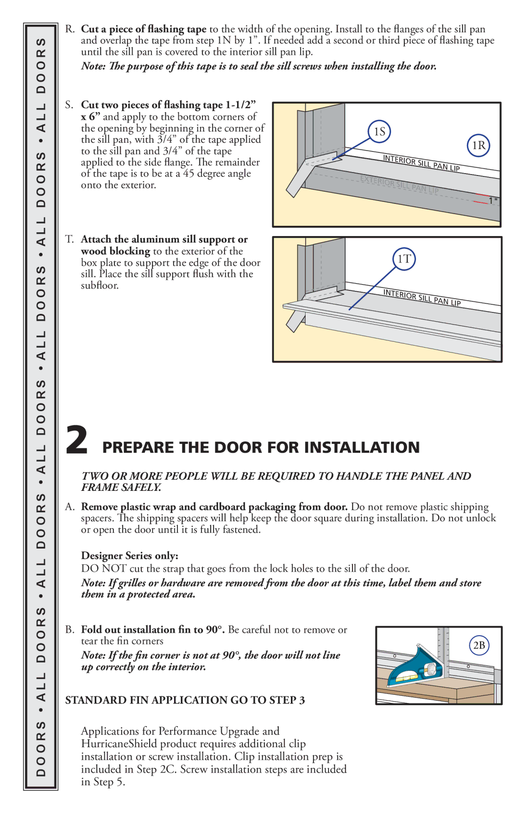 Pella 818L0100 installation instructions Prepare the Door for Installation, S a L L D O O R S a L L D O O R S a L L 