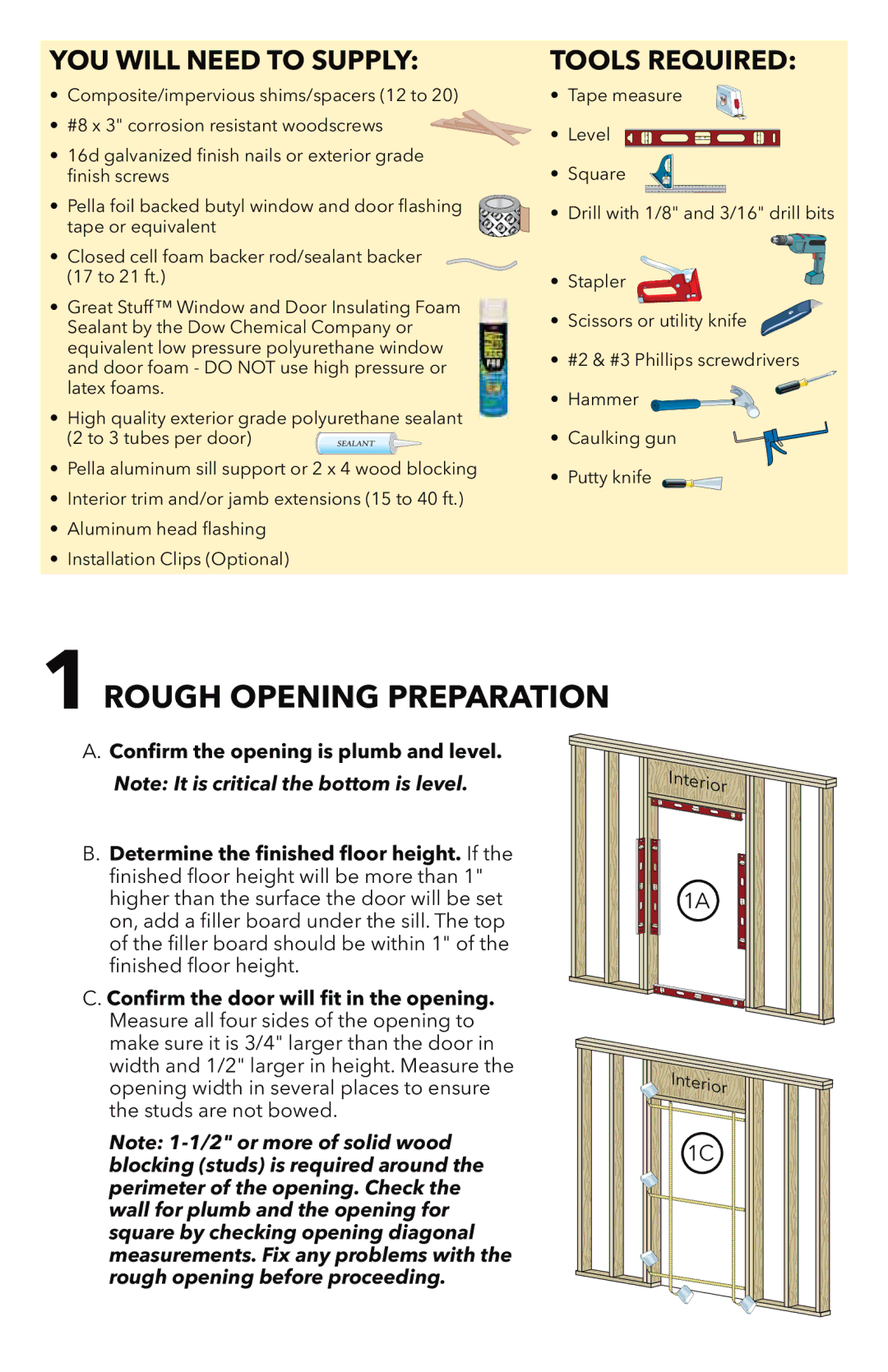 Pella 818T0101 installation instructions Rough Opening Preparation 