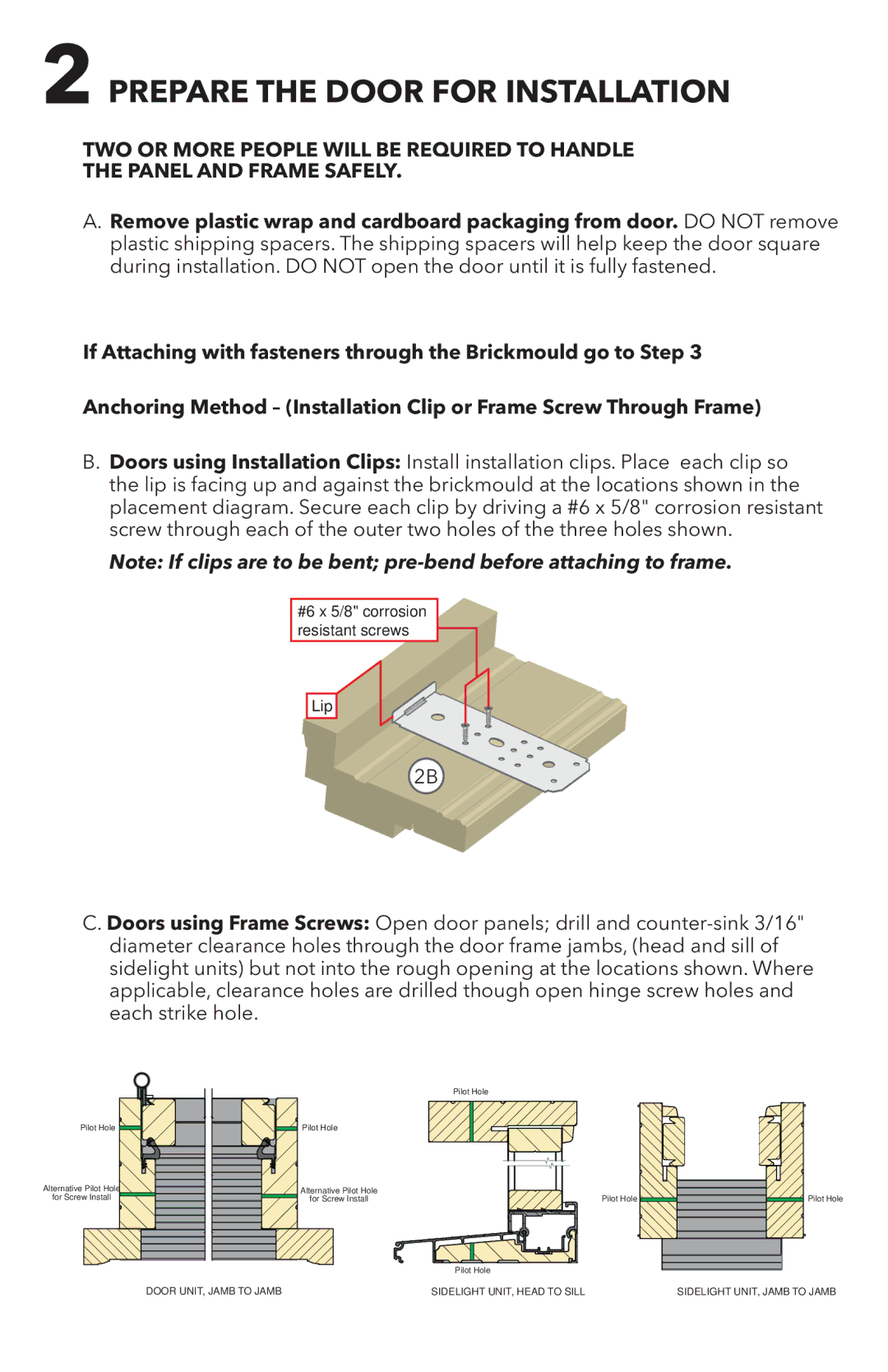 Pella 818T0101 installation instructions Prepare the Door for Installation 