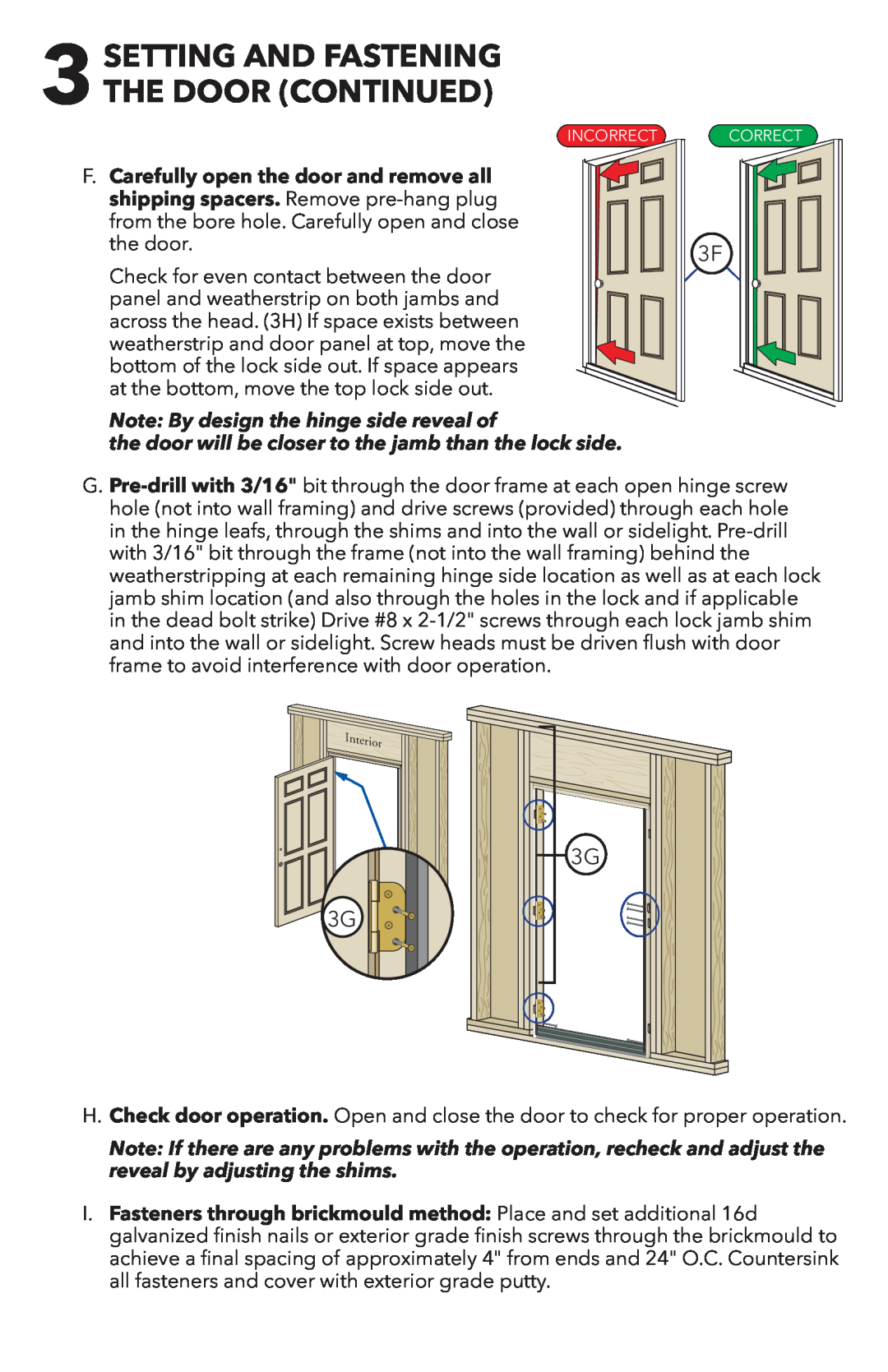 Pella 818T0101 installation instructions 3G 3G2G, Setting And Fastening The Door Continued 