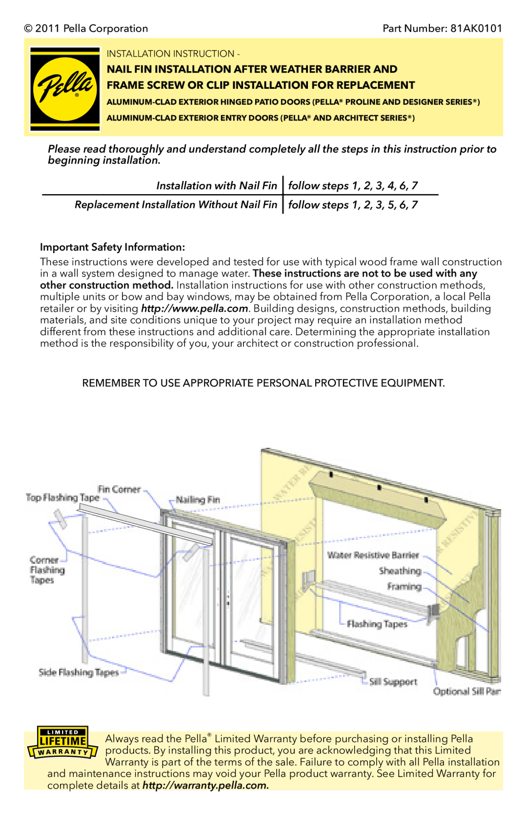 Pella 81AK0101 installation instructions Remember to USE Appropriate Personal Protective Equipment 