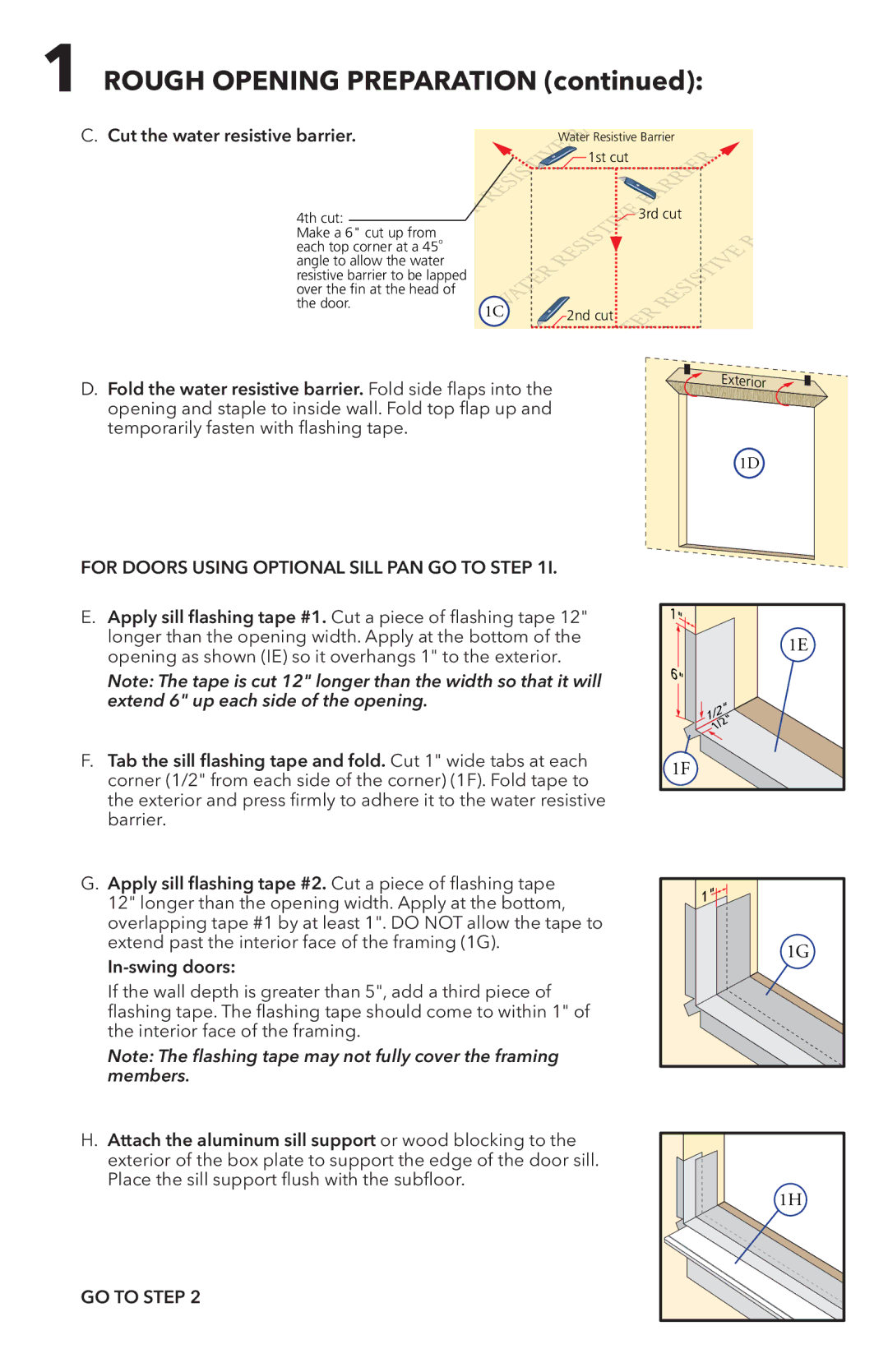 Pella 81AK0101 installation instructions Rough Opening Preparation, For Doors Using Optional Sill PAN GO to Step 