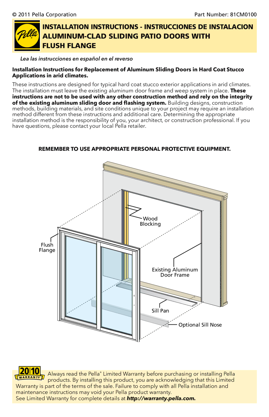 Pella 81CM0100 installation instructions ALUMINUM-CLAD Sliding Patio Doors with Flush Flange 