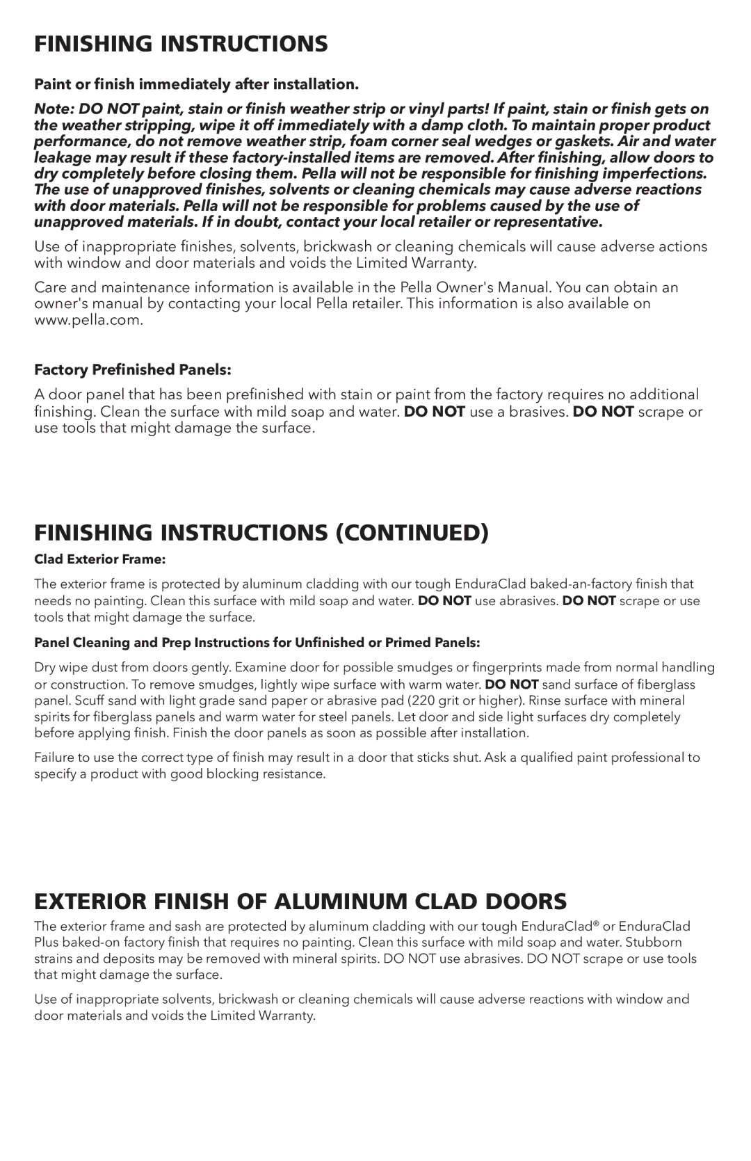 Pella 81CM0100 installation instructions Finishing Instructions, Exterior Finish of Aluminum Clad Doors 