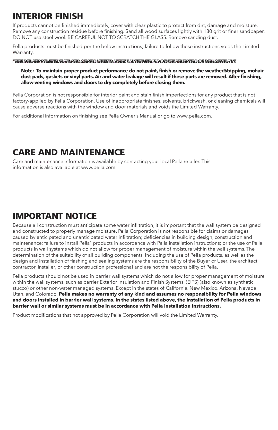 Pella 81CM0100 installation instructions Interior Finish, Care and Maintenance Important Notice 