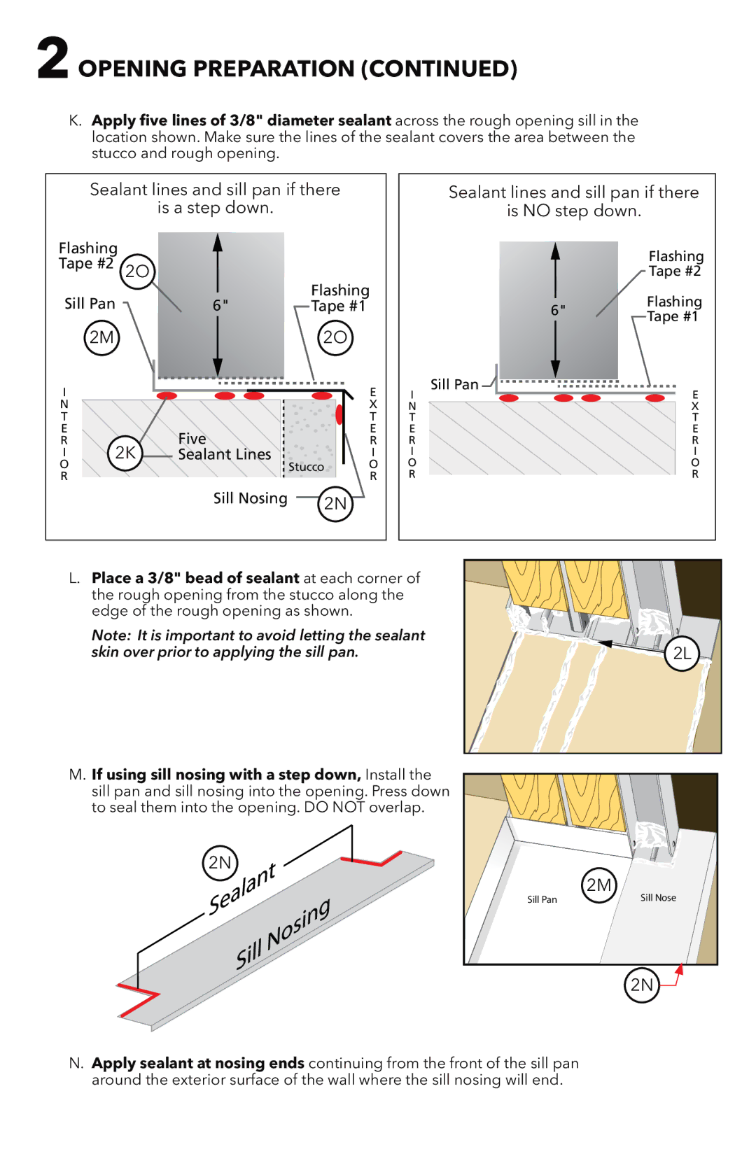 Pella 81CM0100 installation instructions Sealant lines and sill pan if there Is a step down 