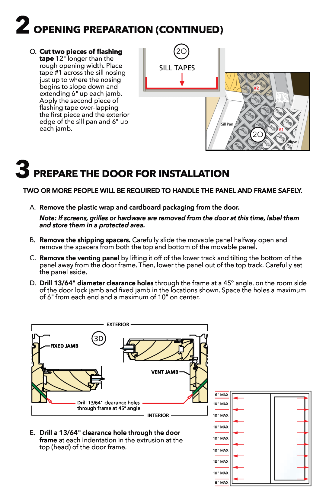 Pella 81CM0100 installation instructions Prepare The Door For Installation, 3D2D, Sill Tapes, Opening Preparation Continued 