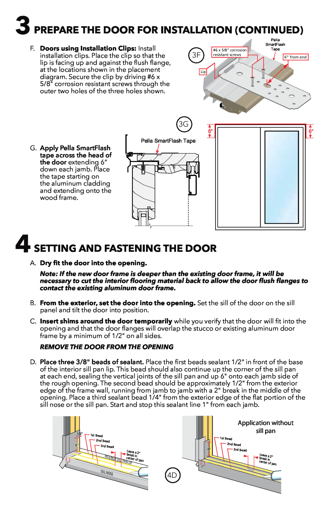 Pella 81CM0100 installation instructions Prepare The Door For Installation Continued, Setting And Fastening The Door 