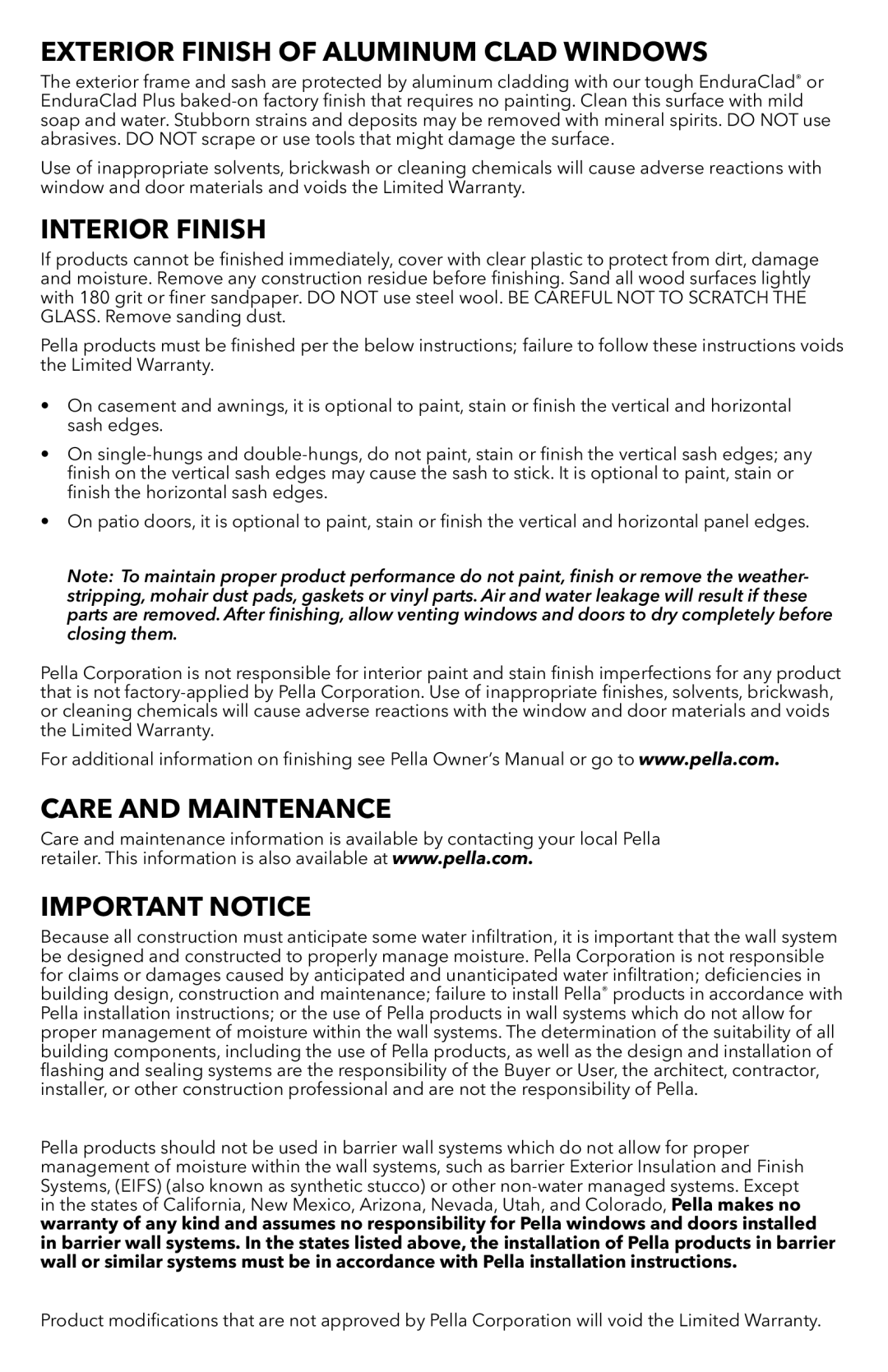 Pella 81CP0101 installation instructions Exterior Finish of Aluminum Clad Windows 