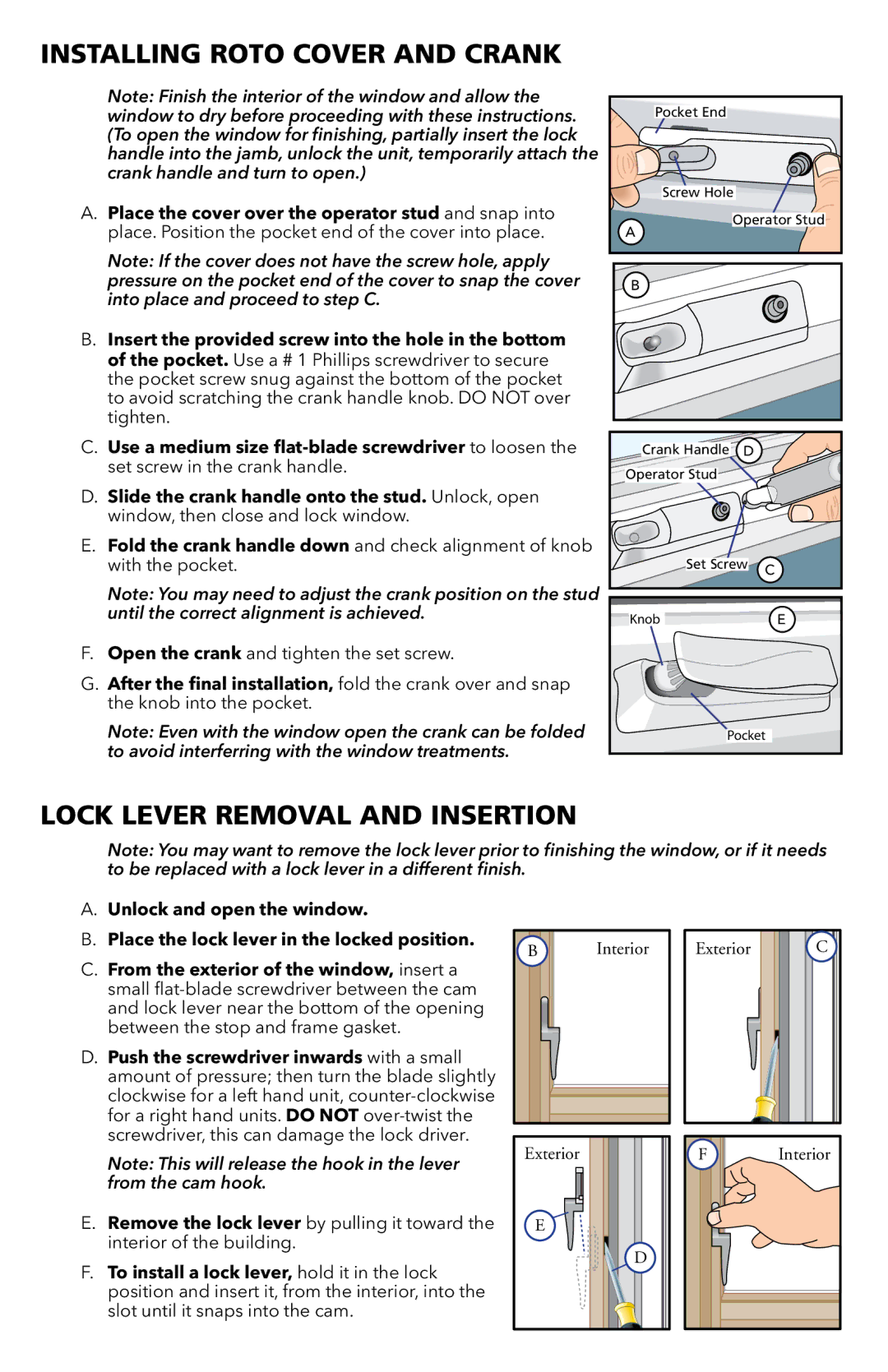 Pella 81CP0101 installation instructions Installing Roto Cover and Crank, Open the crank and tighten the set screw 