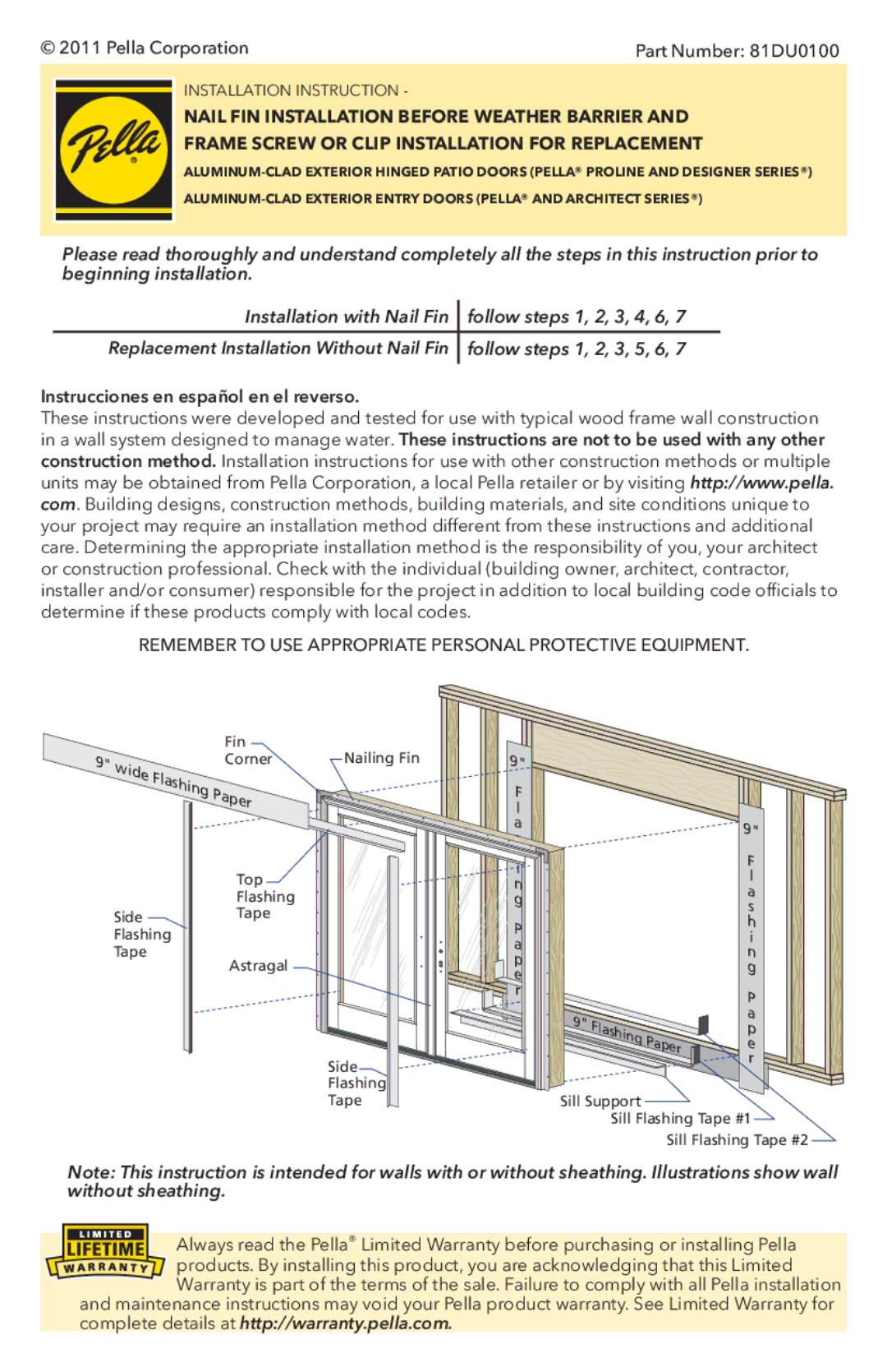 Pella installation instructions Pella Corporation Part Number 81DU0100, Instrucciones en español en el reverso, Wide 