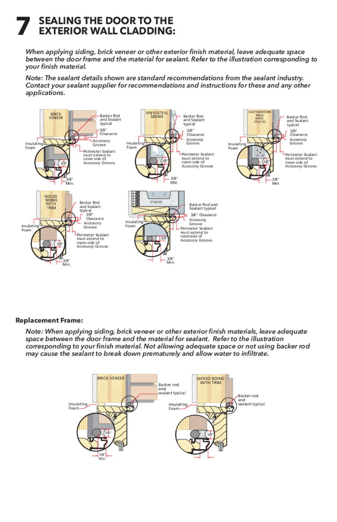 Pella 81DU0100 installation instructions Sealing the Door to the Exterior Wall Cladding, Replacement Frame 