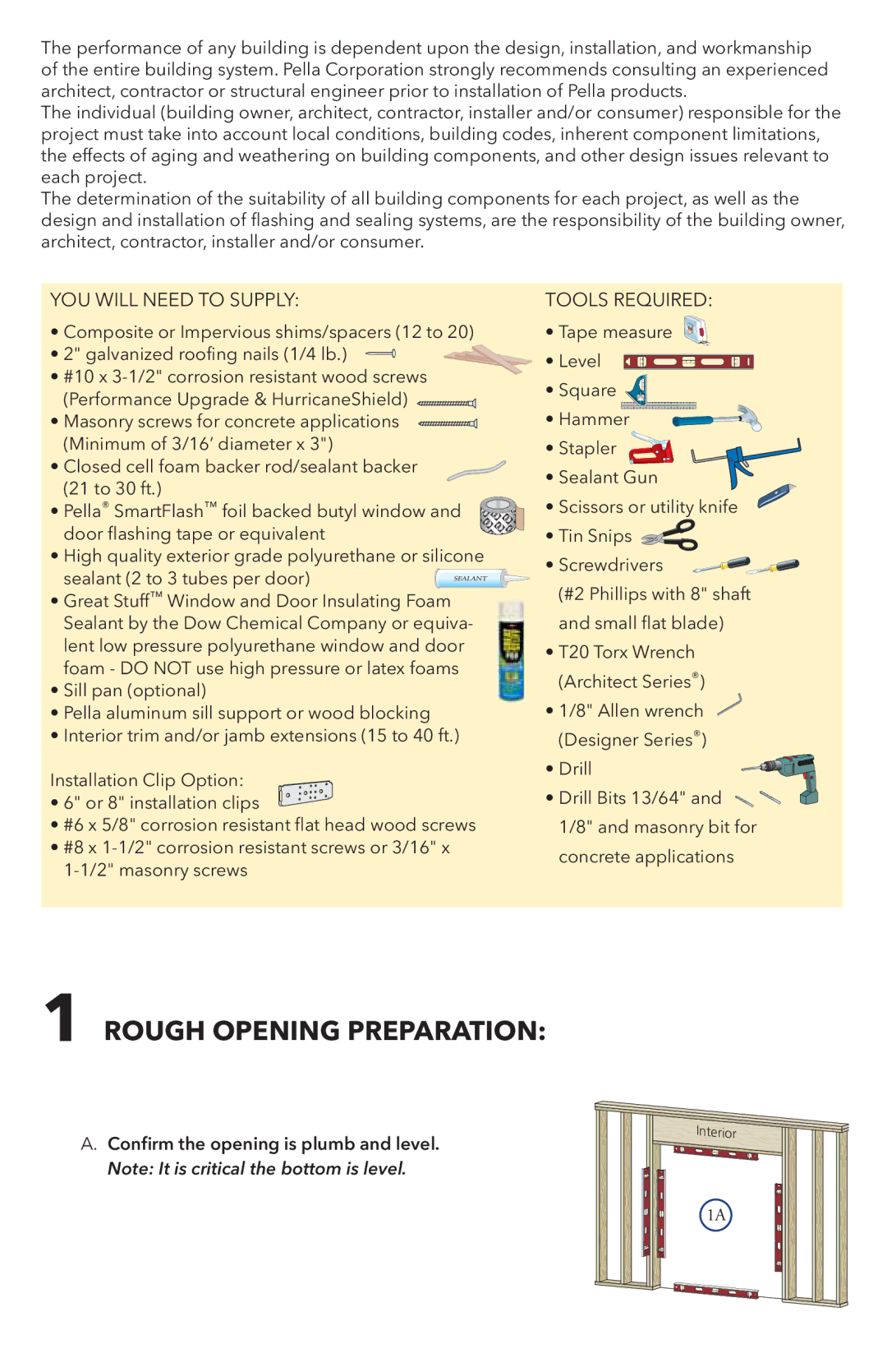 Pella 81DU0100 installation instructions Rough Opening Preparation 