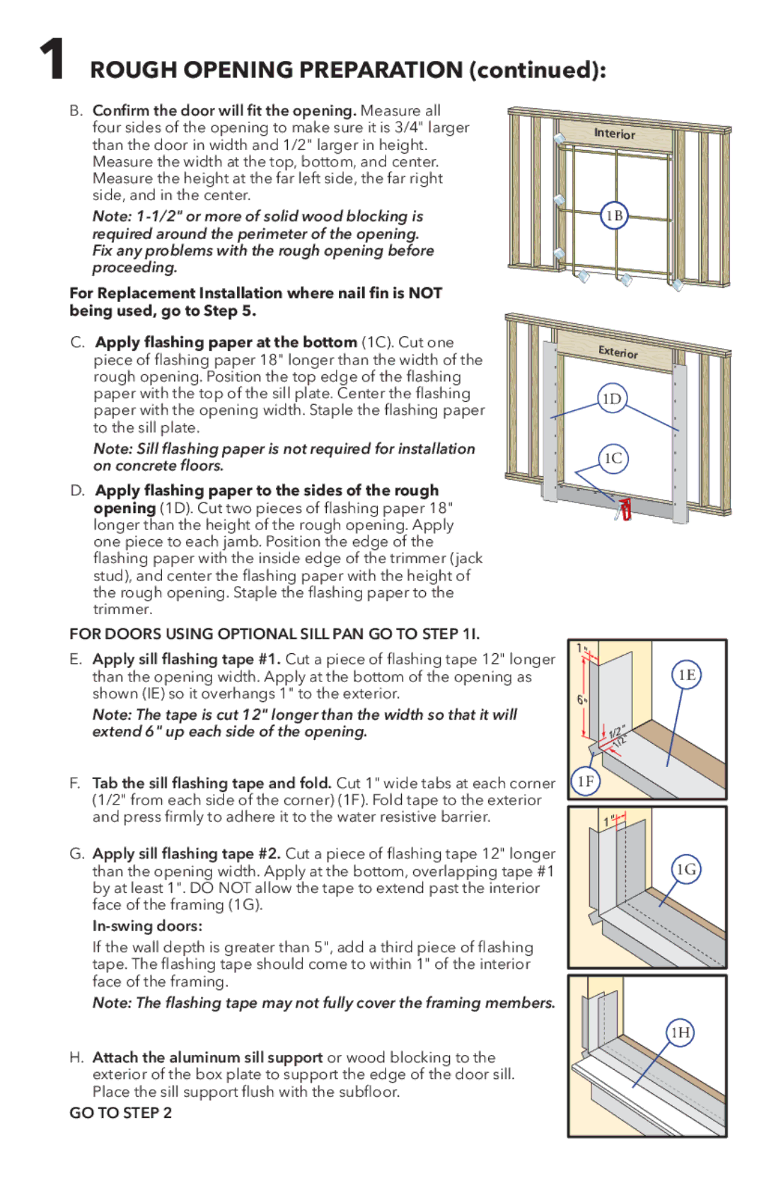 Pella 81DU0100 installation instructions Rough Opening Preparation, For Doors Using Optional Sill PAN GO to Step 