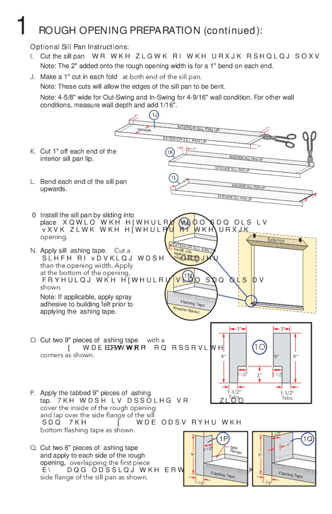 Pella 81DU0100 Optional Sill Pan Instructions, Apply sill ﬂashing tape. Cut a, Cut two 9 pieces of ﬂashing tape with a 