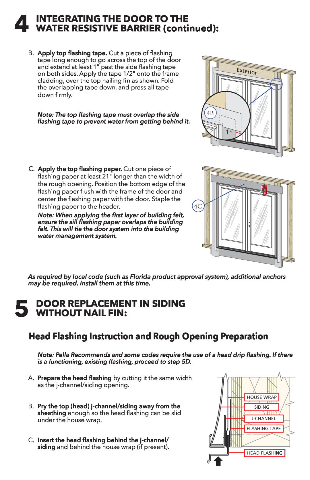 Pella 81DU0100 Door Replacement In Siding Without Nail Fin, Head Flashing Instruction and Rough Opening Preparation 