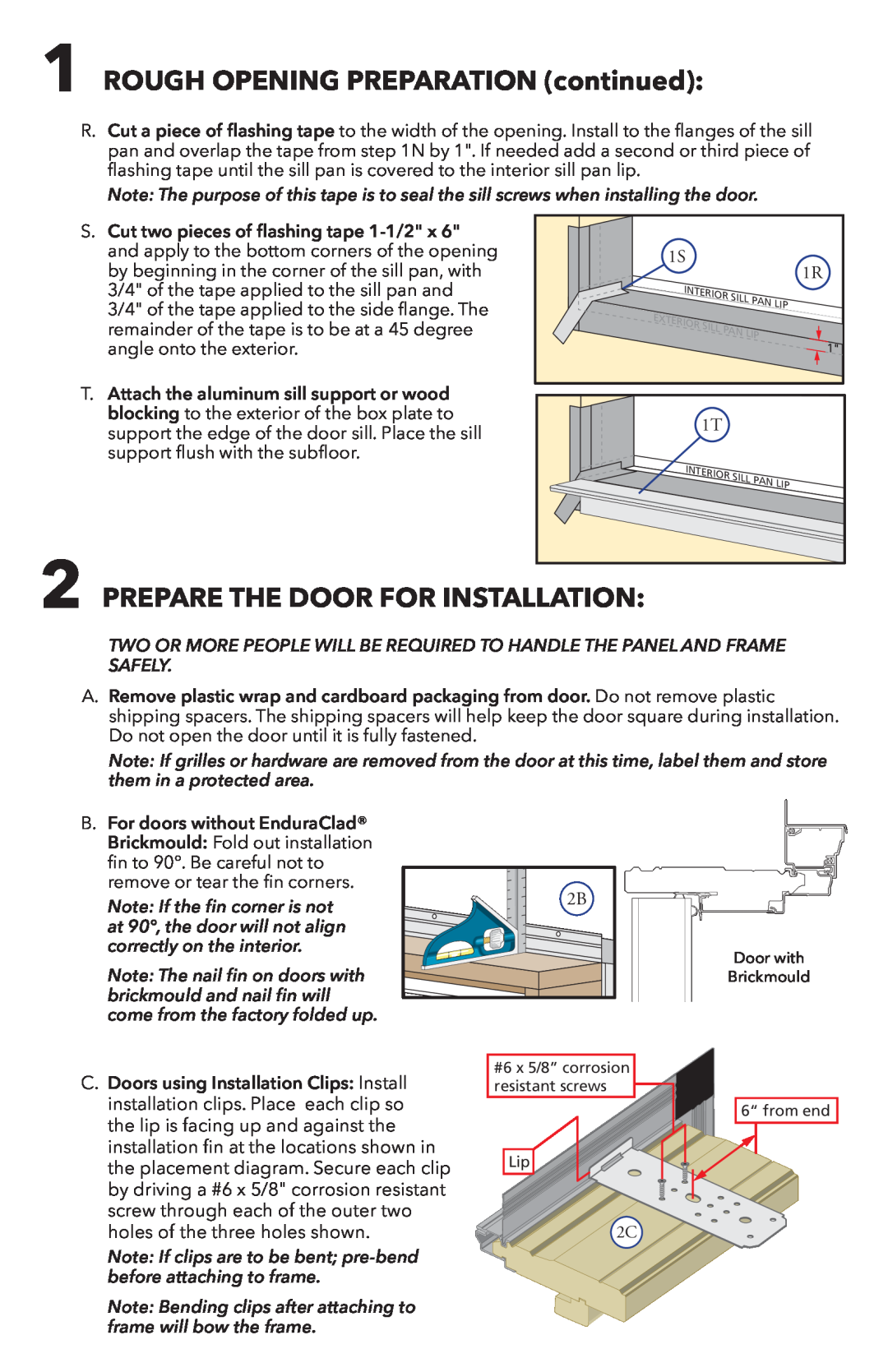 Pella 81DU0100 installation instructions Prepare The Door For Installation, ROUGH OPENING PREPARATION continued 