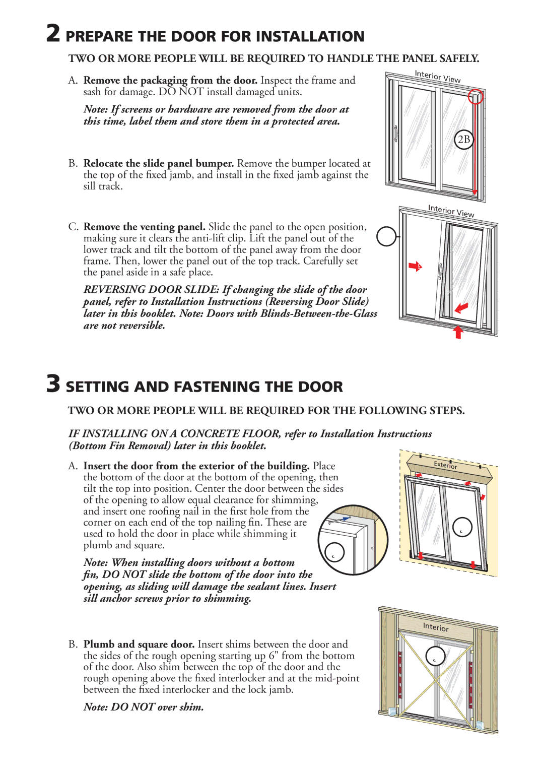 Pella V981553 installation instructions Prepare the Door for Installation, Setting and Fastening the Door 