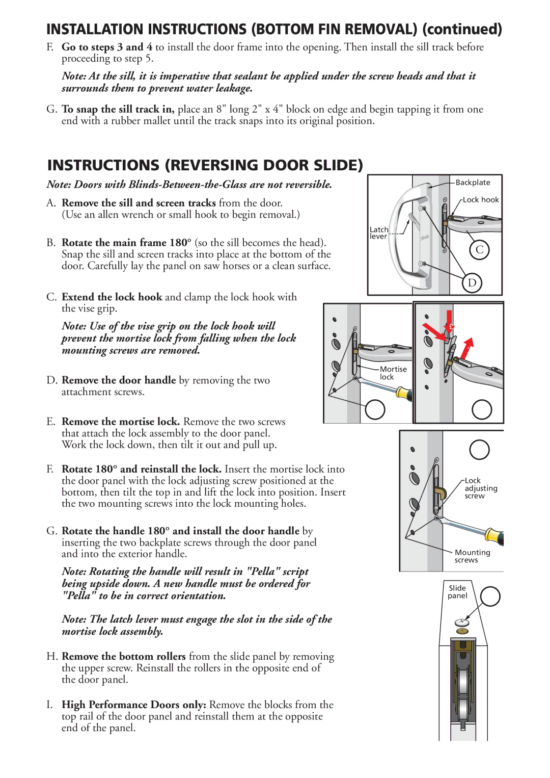 Pella V981553 installation instructions Instructions Reversing Door Slide, Remove the sill and screen tracks from the door 