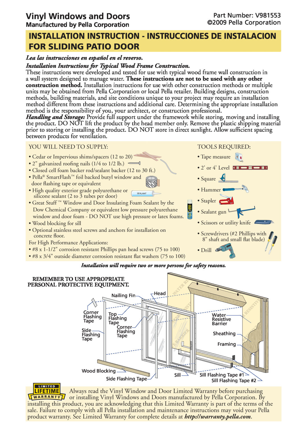 Pella V981553 installation instructions Vinyl Windows and Doors, Part Number, Manufactured by Pella Corporation 