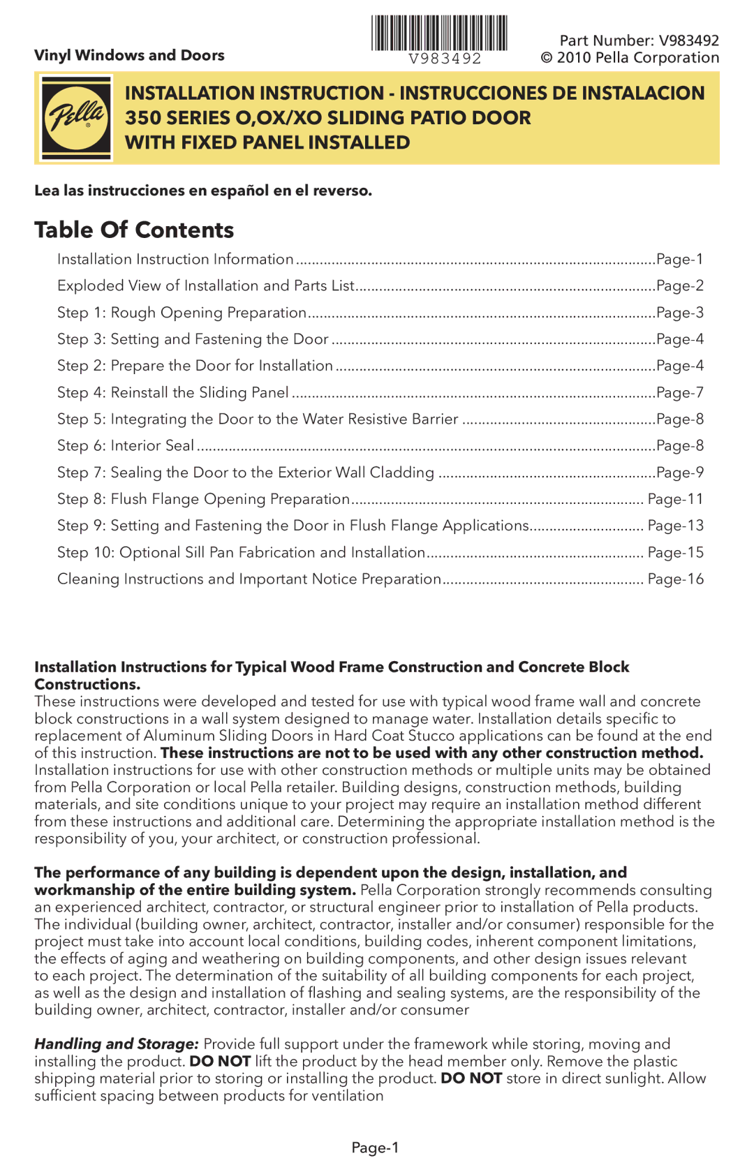 Pella V983492 installation instructions Table Of Contents 