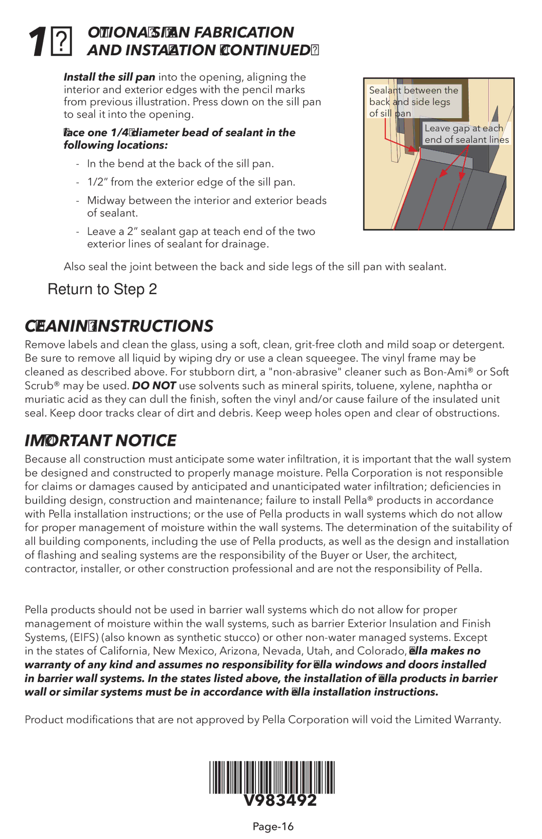 Pella V983492 installation instructions CLEANINg Instructions, Important Notice 