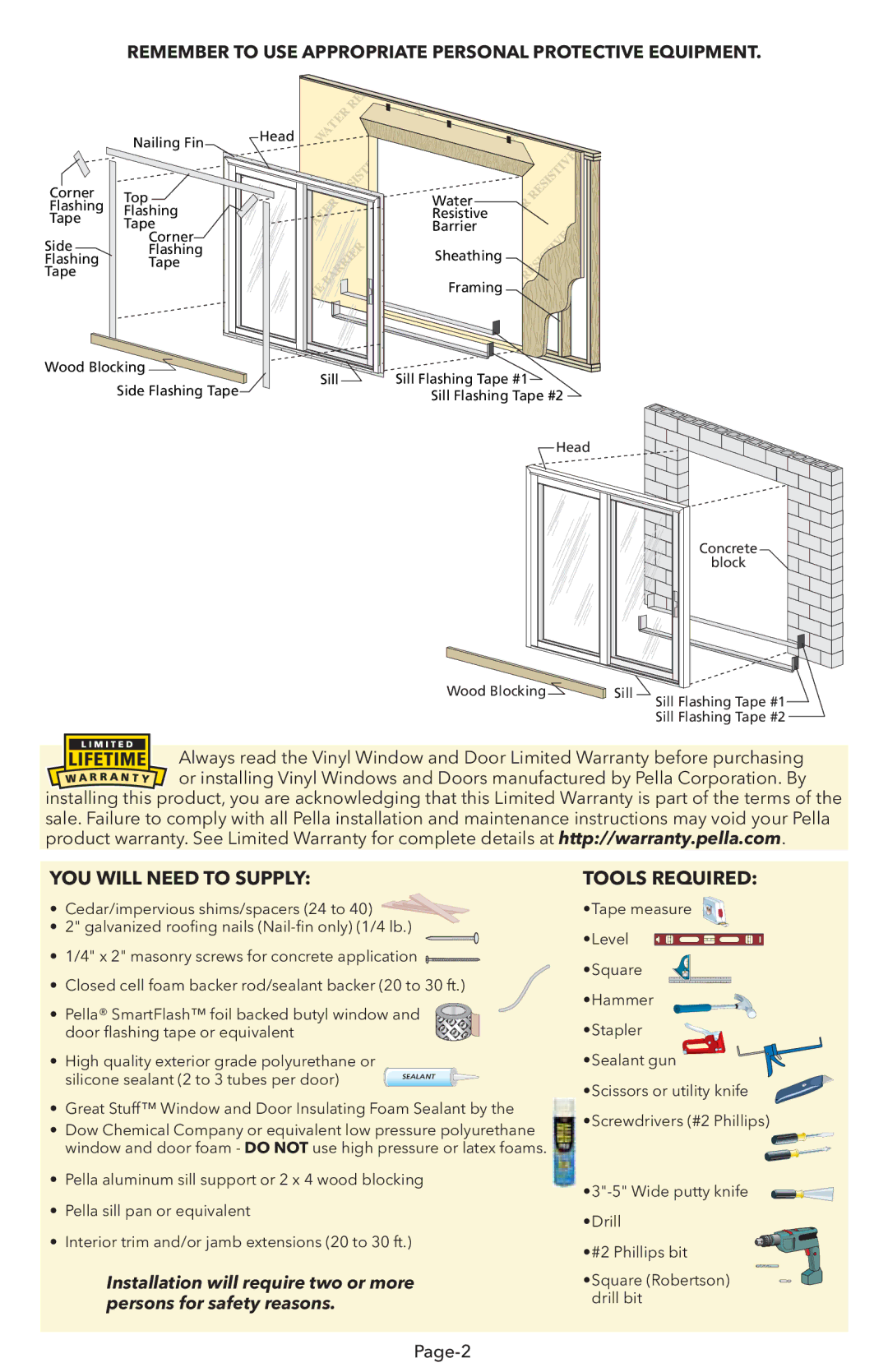 Pella V983492 installation instructions Remember to USE Appropriate Personal Protective Equipment 