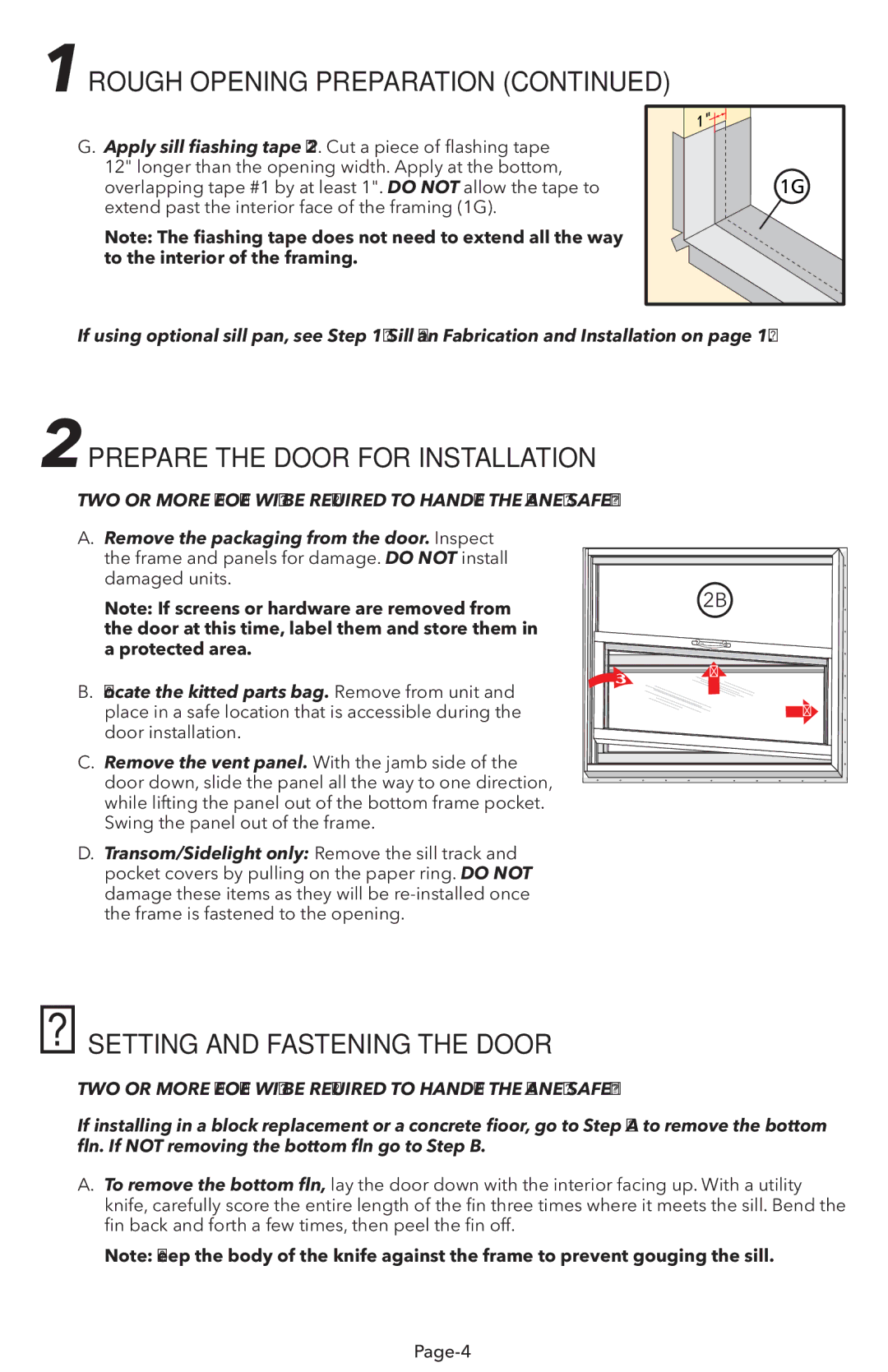 Pella V983492 installation instructions 2PREPARE the Door for Installation, 3SETTING and Fastening the Door 