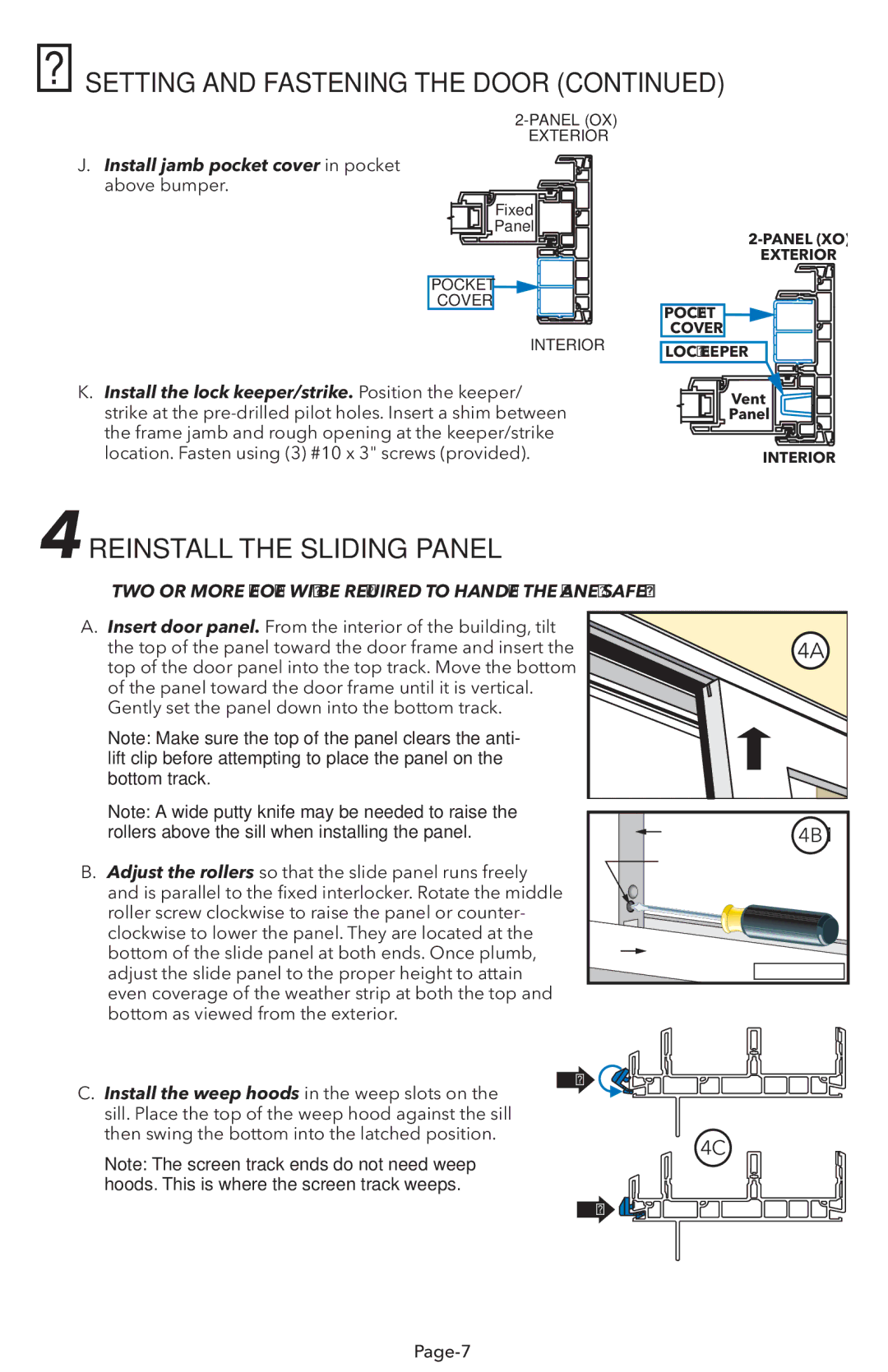 Pella V983492 installation instructions 4REINSTALL the Sliding Panel, Install jamb pocket cover in pocket above bumper 