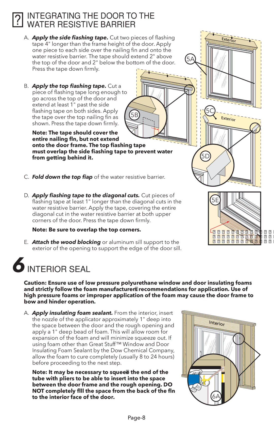 Pella V983492 5INTEGRATING the Door to the Water Resistive Barrier, 6INTERIOR Seal, Apply the top flashing tape. Cut a 